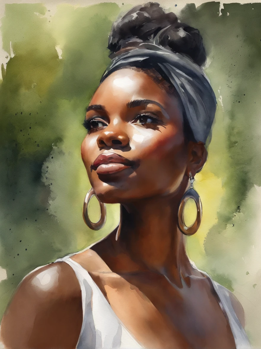 Watercolor painting of a beautiful black girl : : Trending on Artstation: : Simple composition creates a sense of order and harmony. The painting reflects the spiritual qualities of the natural world. --up light --ar 9:16
