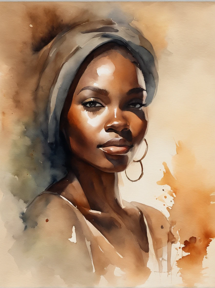 Watercolor painting of a beautiful black girl : : Trending on Artstation: : Simple composition creates a sense of order and harmony. The painting reflects the spiritual qualities of the natural world. --up light --ar 9:16