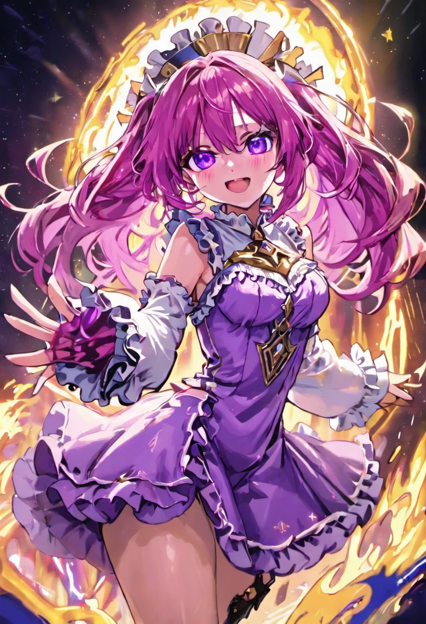 lacusclyne, lacus clyne, (purple eyes:1.1), hair ornament, long hair, wave hair ornament, pink hair, smile,
BREAK dress, long dress, long sleeves, white sleeves, frills frilled skirt, frilled sleeves, detached sleeves, bare shoulders, purple skirt, purple frills,
BREAK looking at viewer, (cowboy shot:1.5),
BREAK outdoors, space, star \(sky\), sun, 
BREAK (masterpiece:1.2), best quality, high resolution, unity 8k wallpaper, (illustration:0.8), (beautiful detailed eyes:1.6), extremely detailed face, perfect lighting, extremely detailed CG, (perfect hands, perfect anatomy),