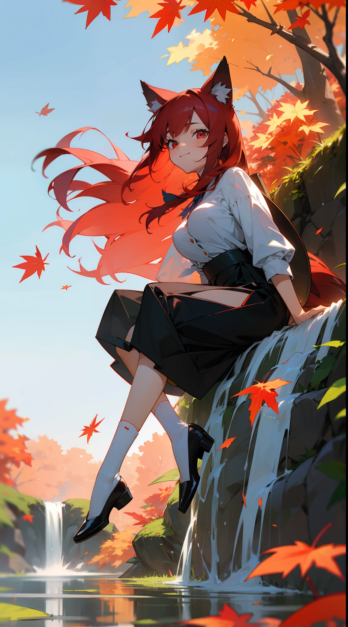 1girl ,20s,smile,closed mouth,white shirt,black skirt,medium tits,red hair,long hair,red eyes,fox ears,socks,sitting on floor,grass,flowers,blue sky,clouds,autumn_leaves, falling_leaves, holding_leaf, leaf, leaf_background, leaf_hair_ornament,waterfall,river,depth_of_field,leaves_in_wind, forest, outdoors, nature,full body