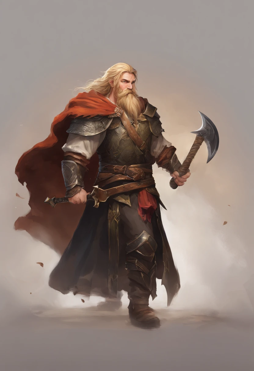 arafed, (male: 1.3), dwarf, (Masterpiece, intense details: 1.5) sorcerer, (Masterpiece 1.5, intense details), casting a spell (Masterpiece 1.3, intense details), full body, wearing heavy (black armor: 1.2) with spikes (Masterpiece, intense details: 1.2), orange cloak with (Hammer and anvil symbol: 1.1), flowing cloak (holy symbol hammer and anvil: 1.2), armed with a shield in the left hand: 1.3) , blond hair, long braided beard, hair strand, frown, serious, high detail, Realism, Action painting, depth of field, god rays, wide shot, panorama, Ultra-Wide Angle, UHD, super detail, high quality, photorealism, 16K, highres