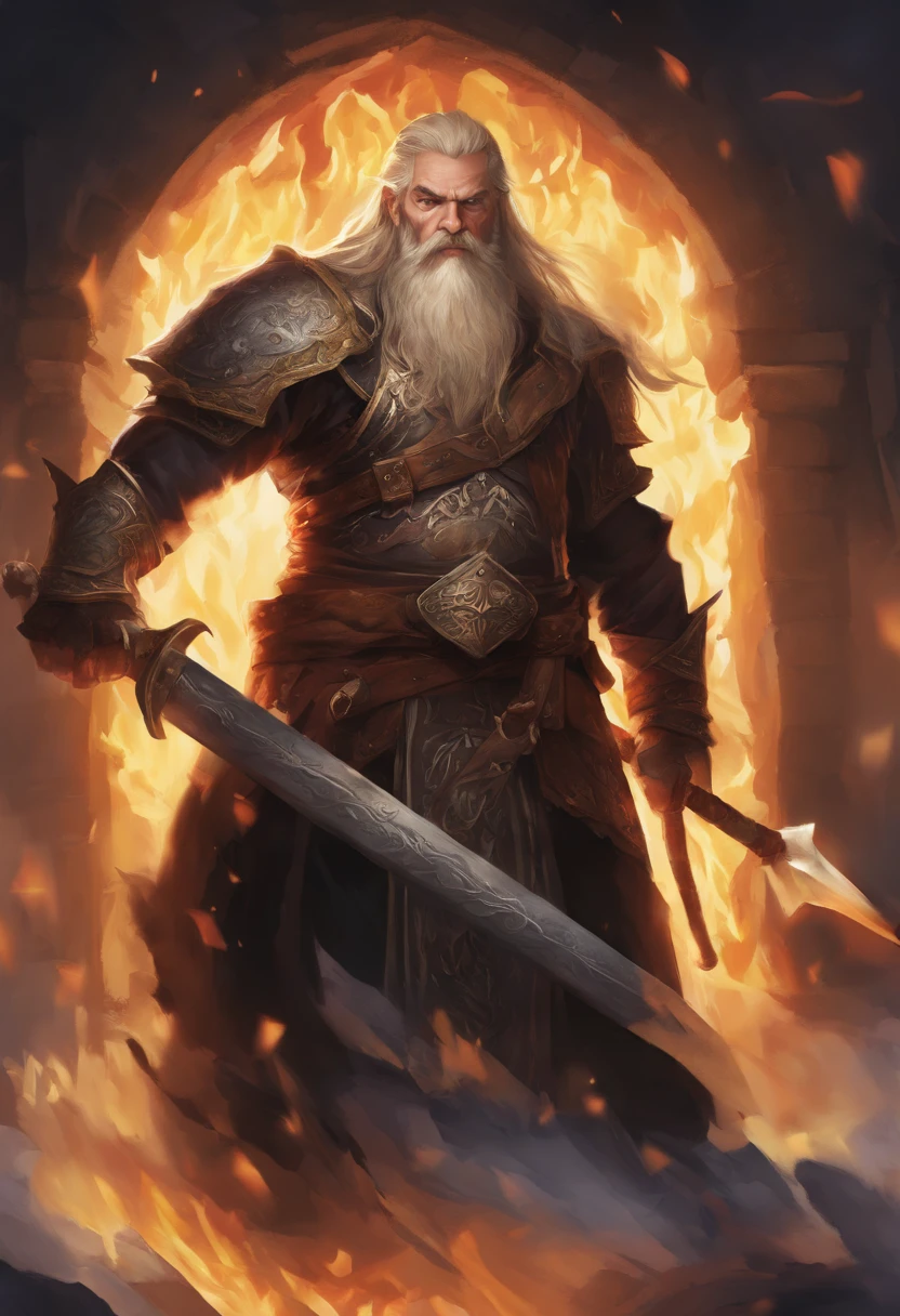 arafed, (male: 1.3), dwarf, (Masterpiece, intense details: 1.5) sorcerer, (Masterpiece 1.5, intense details), casting a spell (Masterpiece 1.3, intense details), full body, wearing heavy (black armor: 1.2) with spikes (Masterpiece, intense details: 1.2), orange cloak with (Hammer and anvil symbol: 1.1), flowing cloak (holy symbol hammer and anvil: 1.2), armed with a shield in the left hand: 1.3) , blond hair, long braided beard, hair strand, frown, serious, high detail, Realism, Action painting, depth of field, god rays, wide shot, panorama, Ultra-Wide Angle, UHD, super detail, high quality, photorealism, 16K, highres