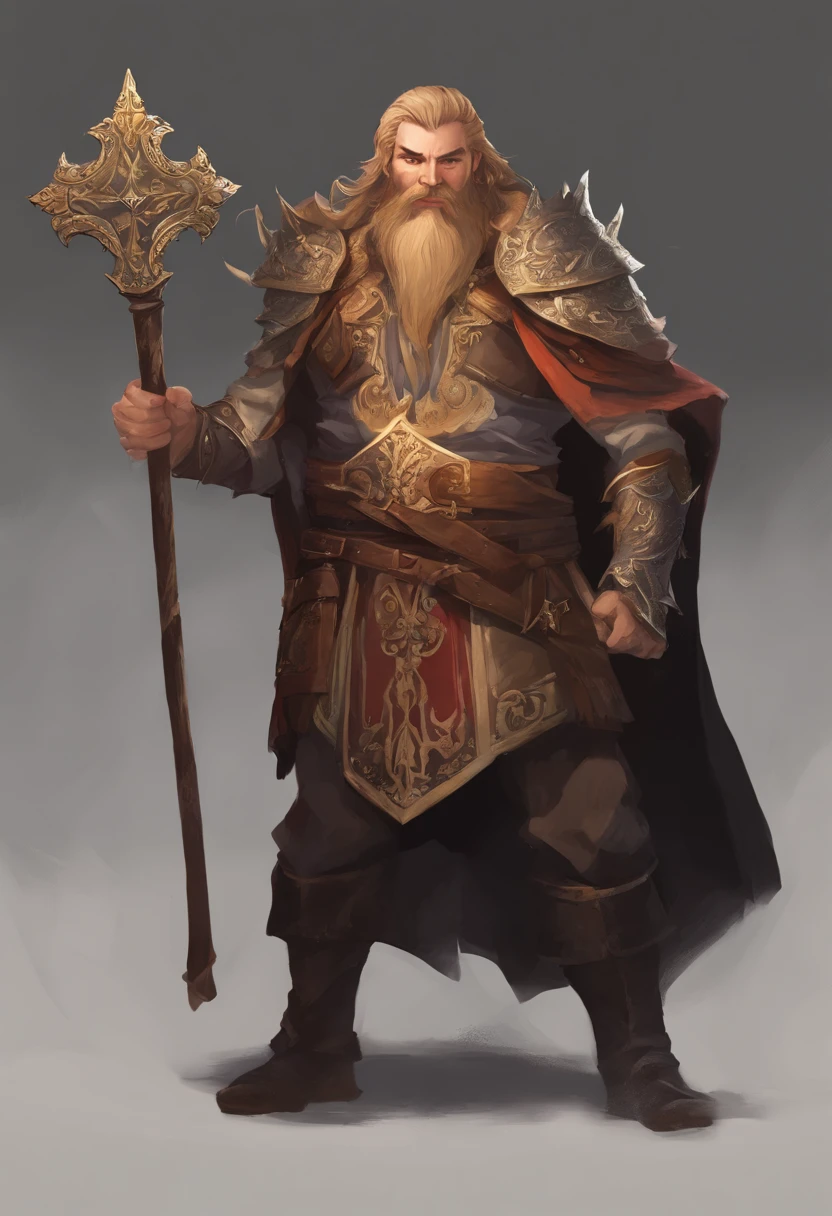 arafed, (male: 1.3), dwarf, (Masterpiece, intense details: 1.5) sorcerer, (Masterpiece 1.5, intense details), casting a spell (Masterpiece 1.3, intense details), full body, wearing heavy (black armor: 1.2) with spikes (Masterpiece, intense details: 1.2), orange cloak with (Hammer and anvil symbol: 1.1), flowing cloak (holy symbol hammer and anvil: 1.2), armed with a shield in the left hand: 1.3) , blond hair, long braided beard, hair strand, frown, serious, high detail, Realism, Action painting, depth of field, god rays, wide shot, panorama, Ultra-Wide Angle, UHD, super detail, high quality, photorealism, 16K, highres