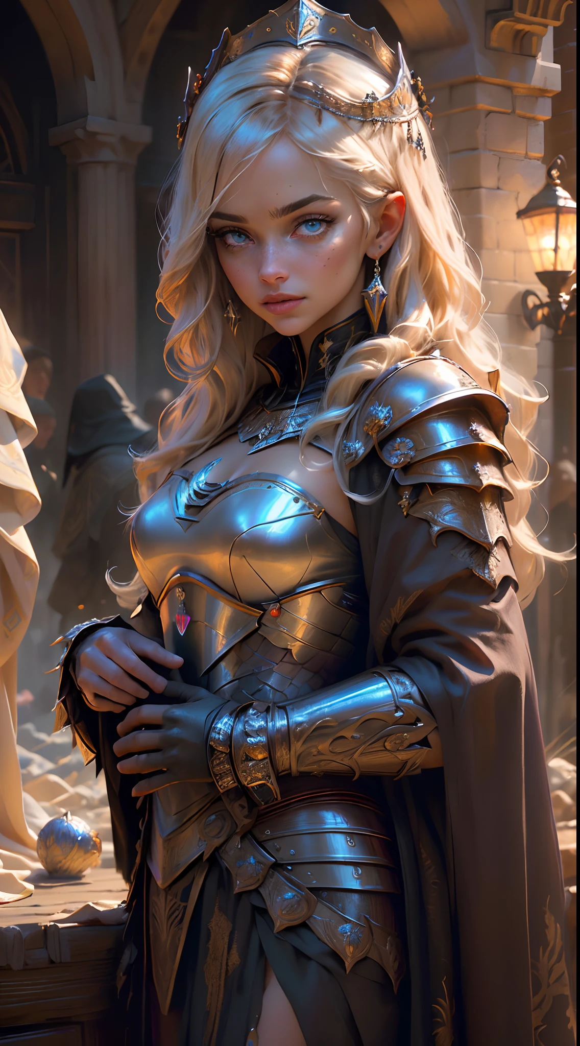 Blonde haired woman with braids, (medieval punk green neckline armor). Bright chrome gold lingerie with sharp reflections. Gems. Bare shoulders. (tiara). Low muscle definition. Beautiful legs. Bare shoulders visible. Detailed lighting. Artwork. Extreme beauty. Clothing with intense colored gradient effect. Professional image with high saturation. Professional camera. Illustration. Vibrant colors. vibrant yellow eyes, thin, fur cape, bright golden eyes, symmetry, intense look, black details on clothes