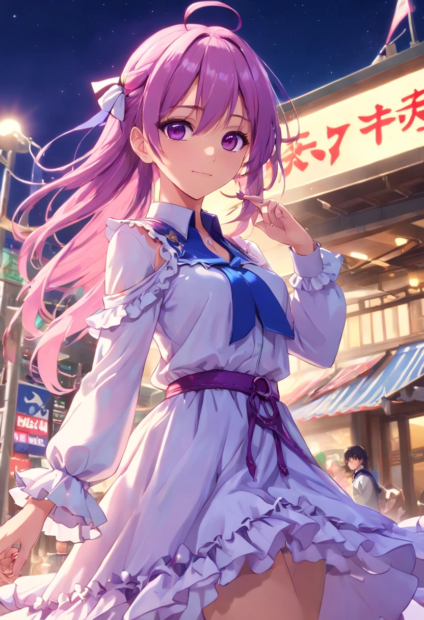 lacusclyne, lacus clyne, (purple eyes:1.1), hair ornament, long hair, wave hair ornament, pink hair, smile,
BREAK dress, long dress, long sleeves, white sleeves, frills frilled skirt, frilled sleeves, detached sleeves, bare shoulders, purple skirt, purple frills,
BREAK looking at viewer, (cowboy shot:1.5),
BREAK outdoors, space, star \(sky\), sun, 
BREAK (masterpiece:1.2), best quality, high resolution, unity 8k wallpaper, (illustration:0.8), (beautiful detailed eyes:1.6), extremely detailed face, perfect lighting, extremely detailed CG, (perfect hands, perfect anatomy),