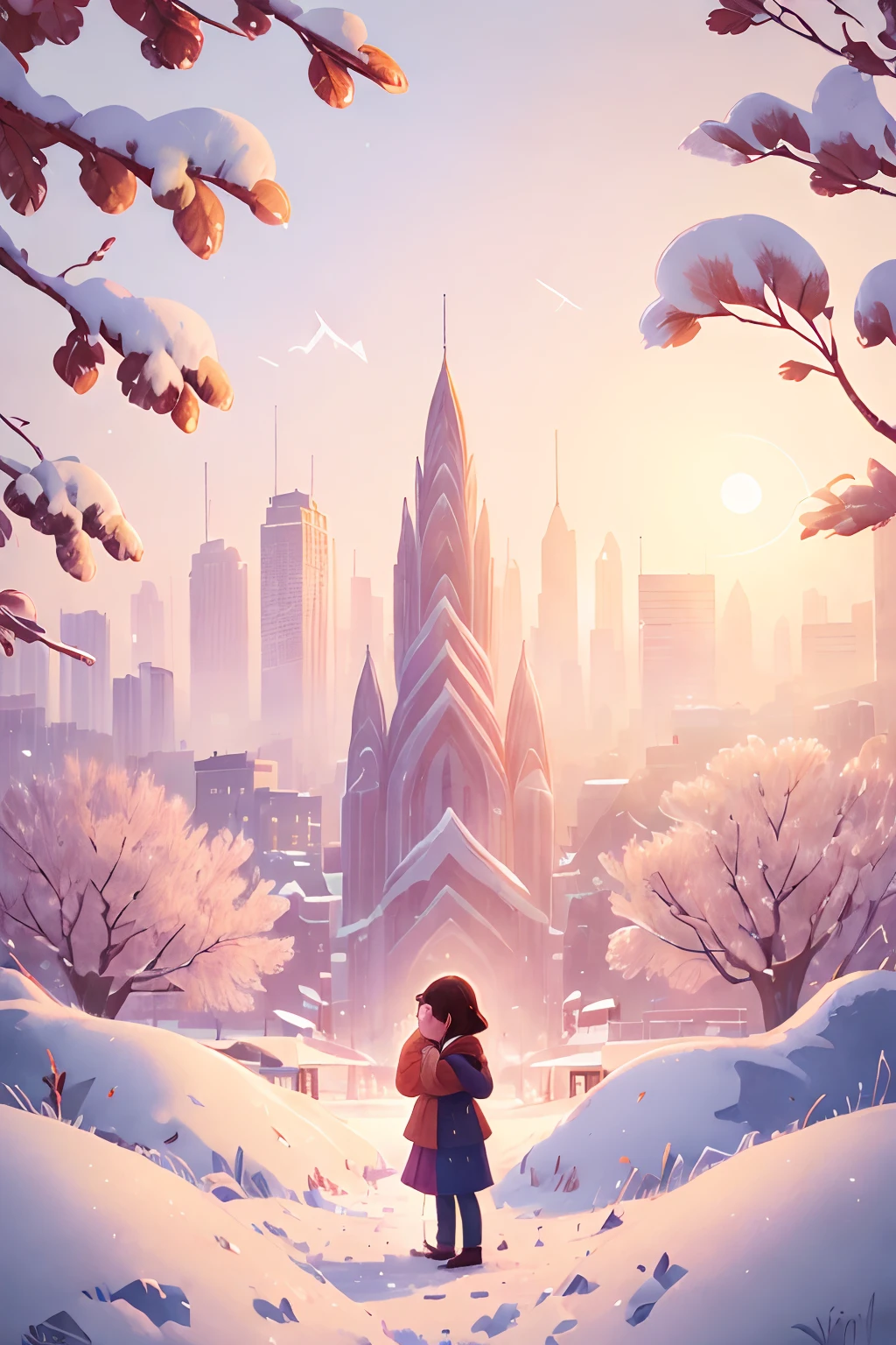 (best quality,4k,8k,highres,masterpiece:1.2),ultra-detailed,(realistic,photorealistic,photo-realistic:1.37),the last sunset before leaving,winter sky at sunset,soft colors,pink orange,blue,mist,rows of trees and buildings,peaceful atmosphere,serene winter landscape,subtle hues,receding sunlight,golden hour,quiet streets,gentle breeze,kiss of warmth,city silhouette,icy branches,elegant architecture,wistful mood,majestic skyline,little snowflakes dancing,final goodbye.