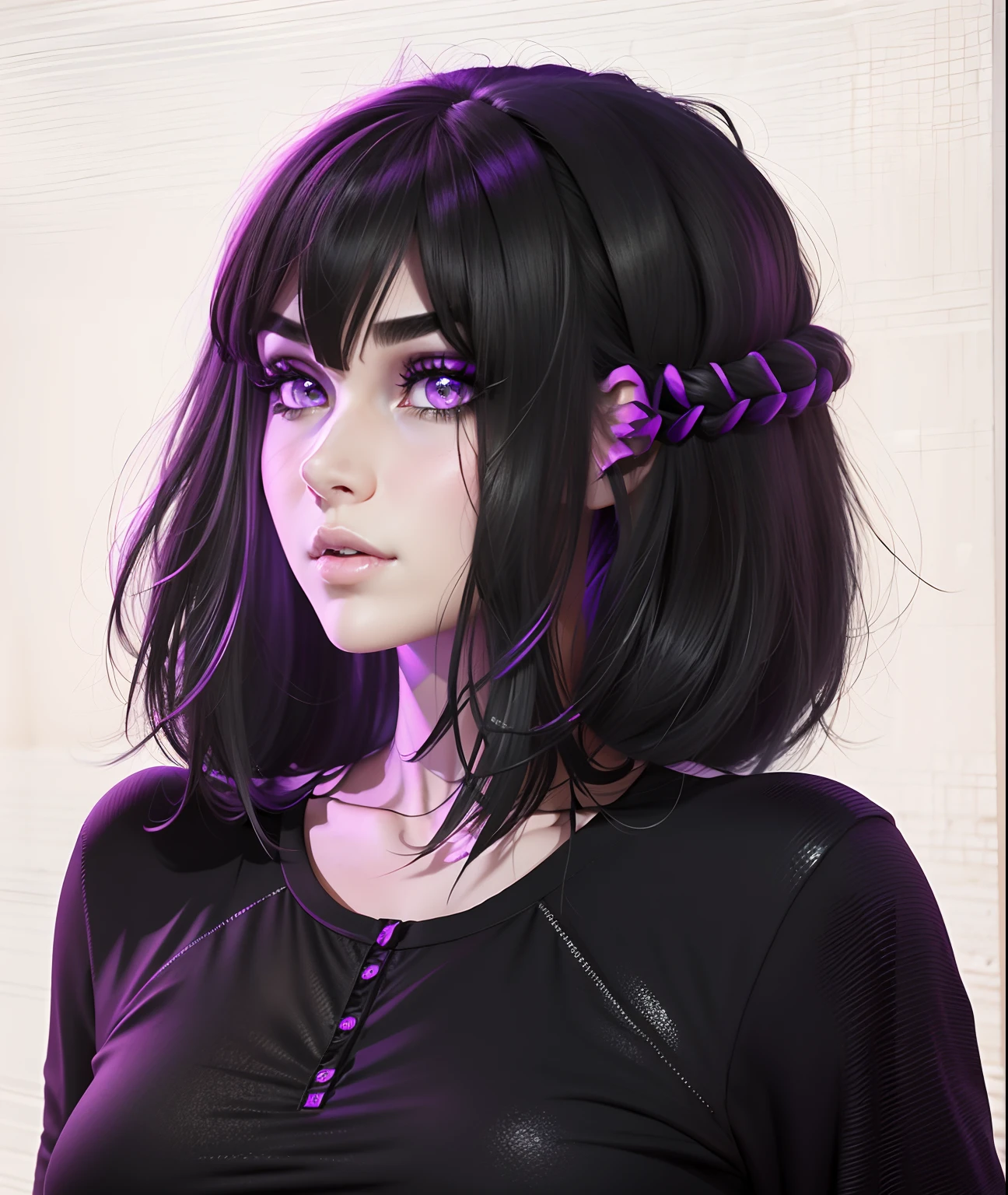 Woman with black hair and purple eyes in black shirt, semirealistic anime style, anime realism style, realistic young anime girl, semi realistic anime, ( ( Deep black eyes ) ), anime styled 3d, realistic anime style, render of april, realistic anime 3 d style, 1 7 - - old me goth girl, Black Raven Hair