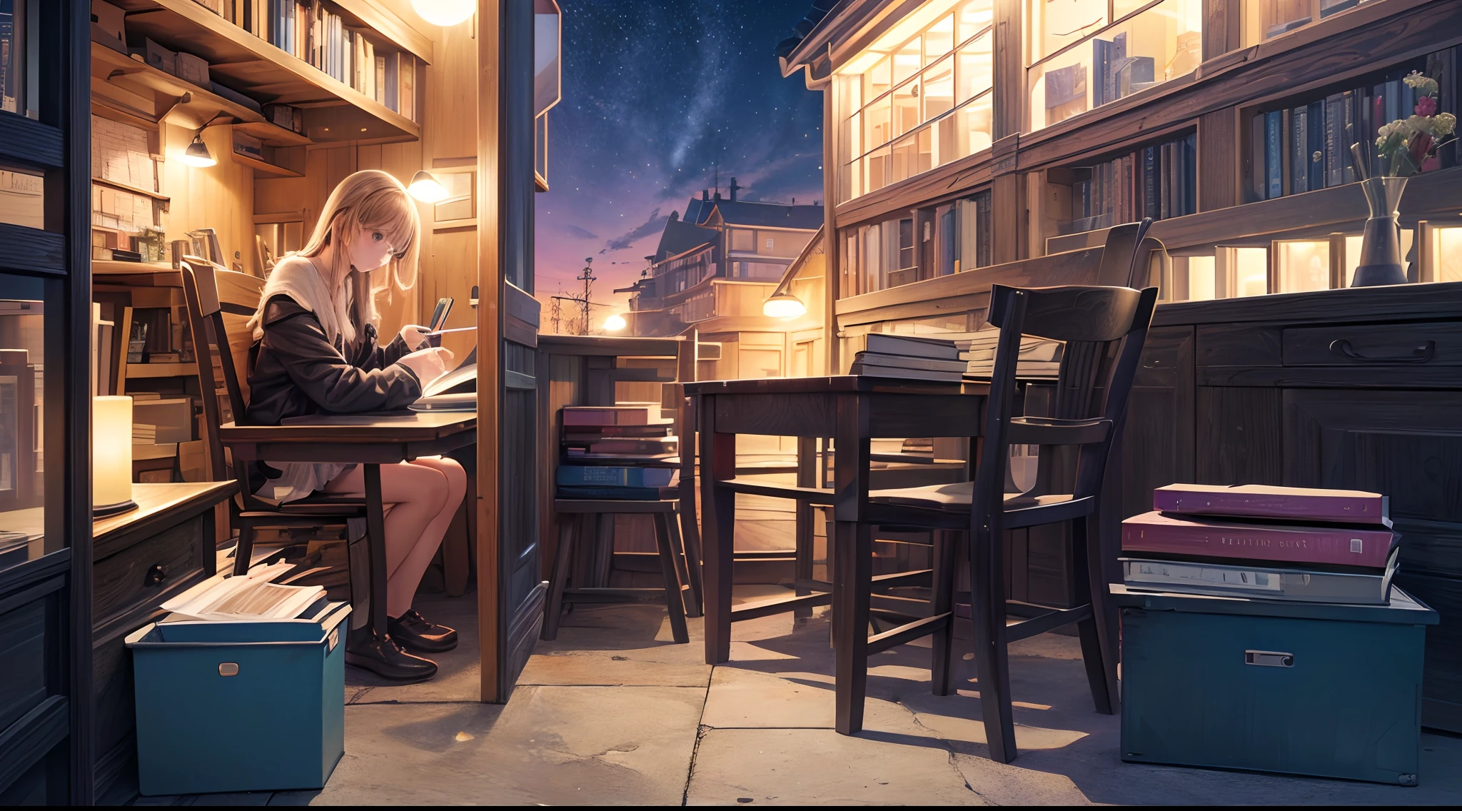 (Best quality,4K,8K,A high resolution,Masterpiece:1.2),Ultra-detailed,(Realistic,Photorealistic,photo-realistic:1.37),Loepfe music anime illustration, Learn girls, Room, Books, notebooks, Night view city, Learn when music, Pleasant atmosphere, Small darkroom, Illustrations, Anime style, cozily, Warm color tones, Soft lighting