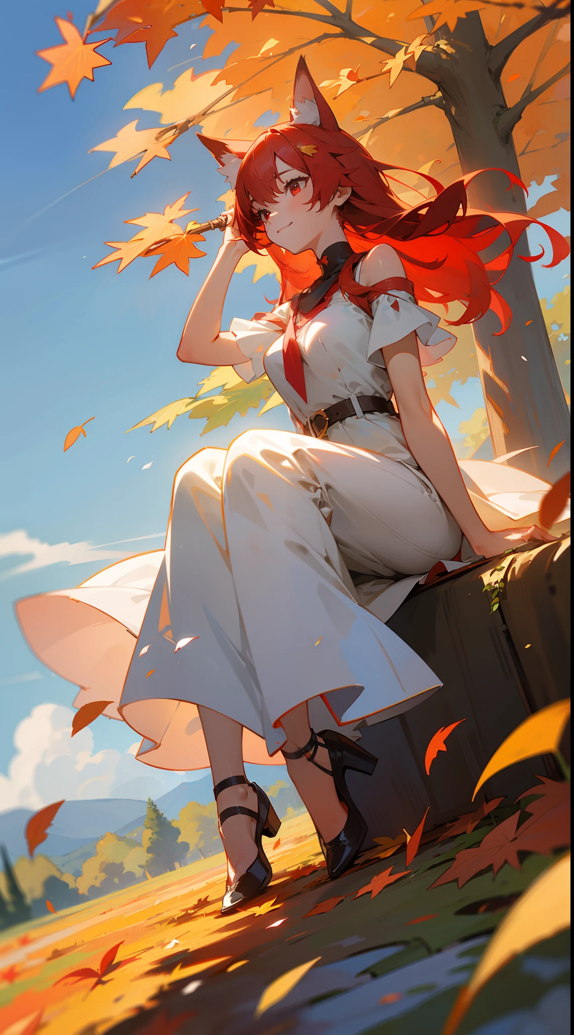1girl ,20s,smile,closed mouth,white dress,medium tits,red hair,long hair,red eyes,fox ears,sitting on floor,grass,flowers,blue sky,clouds,autumn_leaves, falling_leaves, holding_leaf, leaf, leaf_background, leaf_hair_ornament,river,depth_of_field,leaves_in_wind, forest, outdoors, nature,full body
