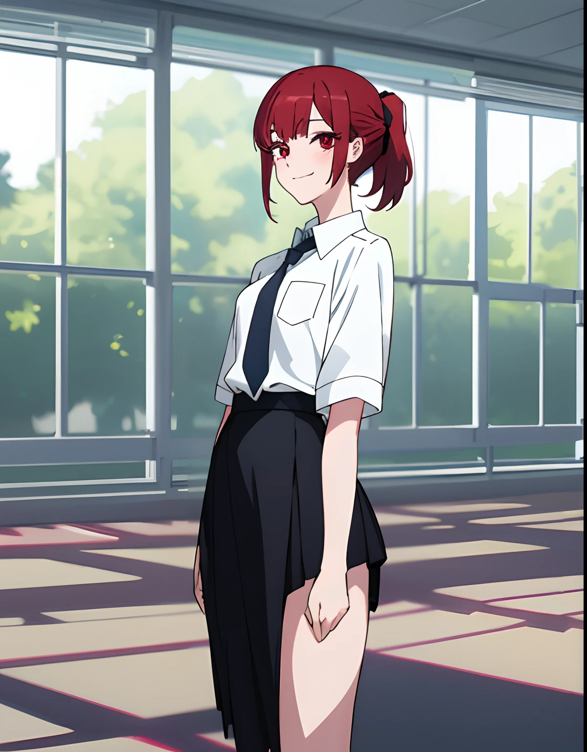 4k, Masterpiece, hight resolution, natural volumetric lighting and better shadows, Deep depth of field, sharp-focus, Soft, Gentle, Beautiful, attractive face, Anime style bisquedoll ,[kitagawa marin with vibrant red hair|Nadia], 1girl, upper-body, red hair, black skirt, short vibrant red hair with little ponytail, looking a viewer, black skirt, red eyes, school uniform, Shirt, exteriors, Smile, 独奏, Standing,whitebackground, white shirt, without a tie.