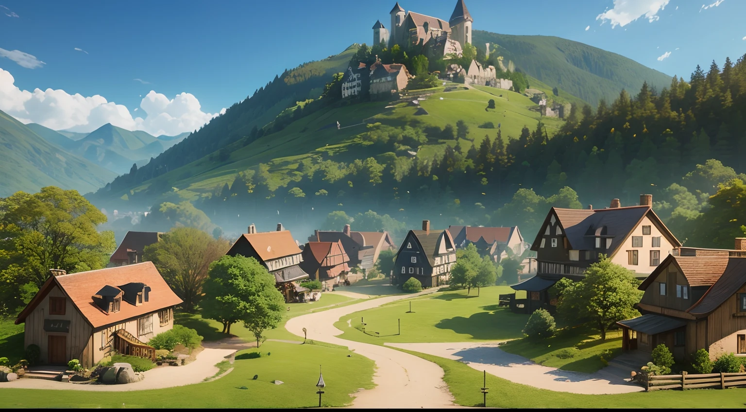 3d animation, quaint picturesque village bordering a forest and mountain
