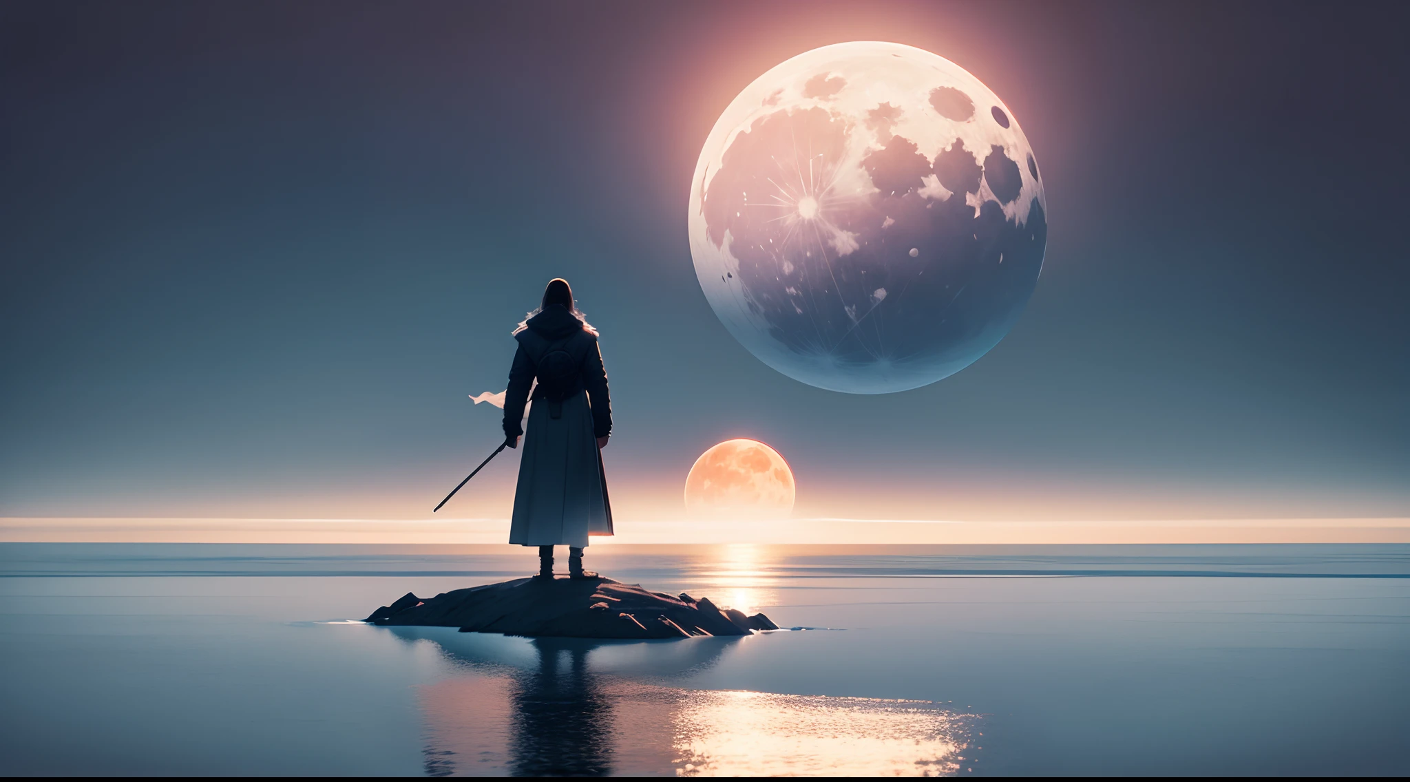 A shadow standing on a white lake with a large blazing moon behind it Image 16:9, super qualidade, 4k, Maximum possible quality