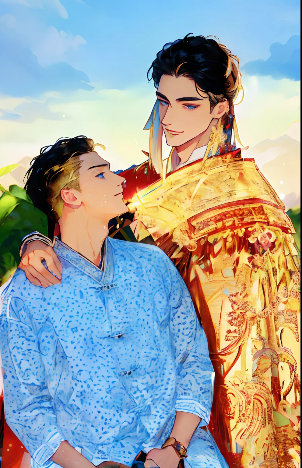 ((masterpiece:1.2、top-quality))、((Two men))、blonde hair、blue eyess(a handsome:1.4)、Guys only:1.3、校服、royalty、Black Knight、Short black hair、Golden Eyes、Scar on the right eye、Black Armor、Fantasia、the woods、blooming flowers、sunlights、Fantastic Light and Shadow、landscapes、extra detailed face、portraitures、a smile