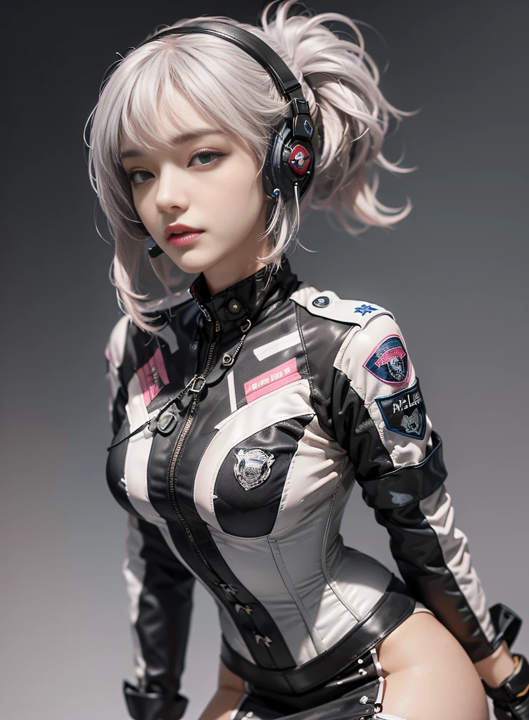 (Top Quality, Ultra High Definition, Photorealistic: 1.4), (cowboy shot:1), 1 Beautiful Girl, (Kpop Idol), Detailed Face, (Hair Style: Pink:1, fullbang, shortbob-style:1), Contrapposto, Perfect Anatomy, Smooth Skin, Professional Lighting, (wear color white black silver),((wearing Futuristic Police Racing Suits, low-mini-skirt, police wappen, High-tech Headset, military gun-corset, racing gloves, machinegun)), (Cloths colors based on pink silver white black), (background, backstrage),