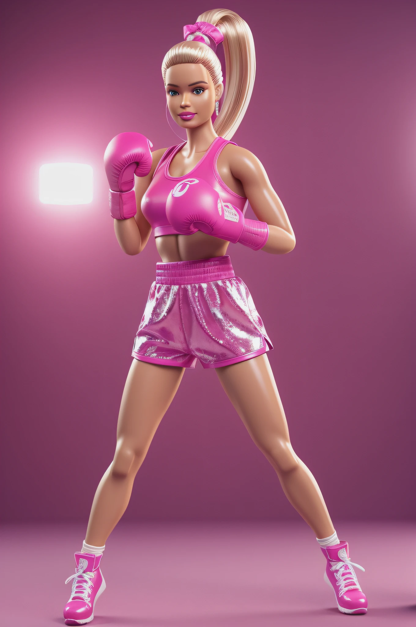 Um retrato de corpo inteiro da Barbie Hyper Real, luvas de boxe rosa, lutador de boxe, Traje de boxe rosa, beleza mulher morena, Plastic texture, Renderizar software 3D Blender, 12k, cinemactic