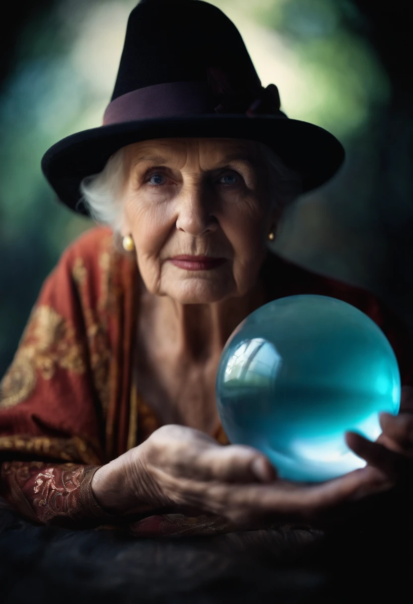 Elderly psychic with crystal ball with crystal ball looking forward