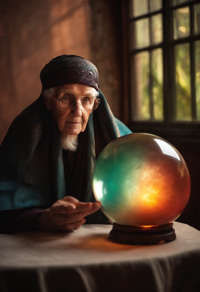 Elderly psychic with crystal ball with crystal ball looking forward