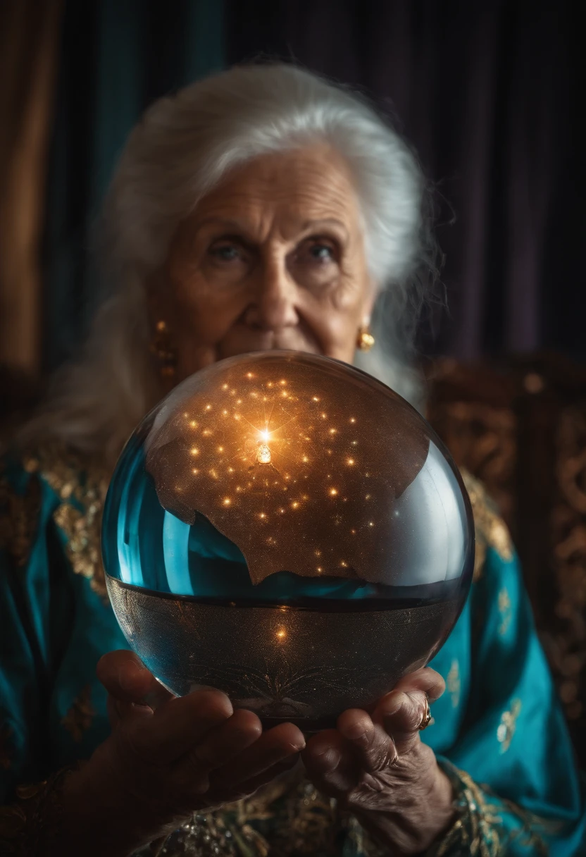 Elderly psychic with crystal ball with crystal ball looking forward