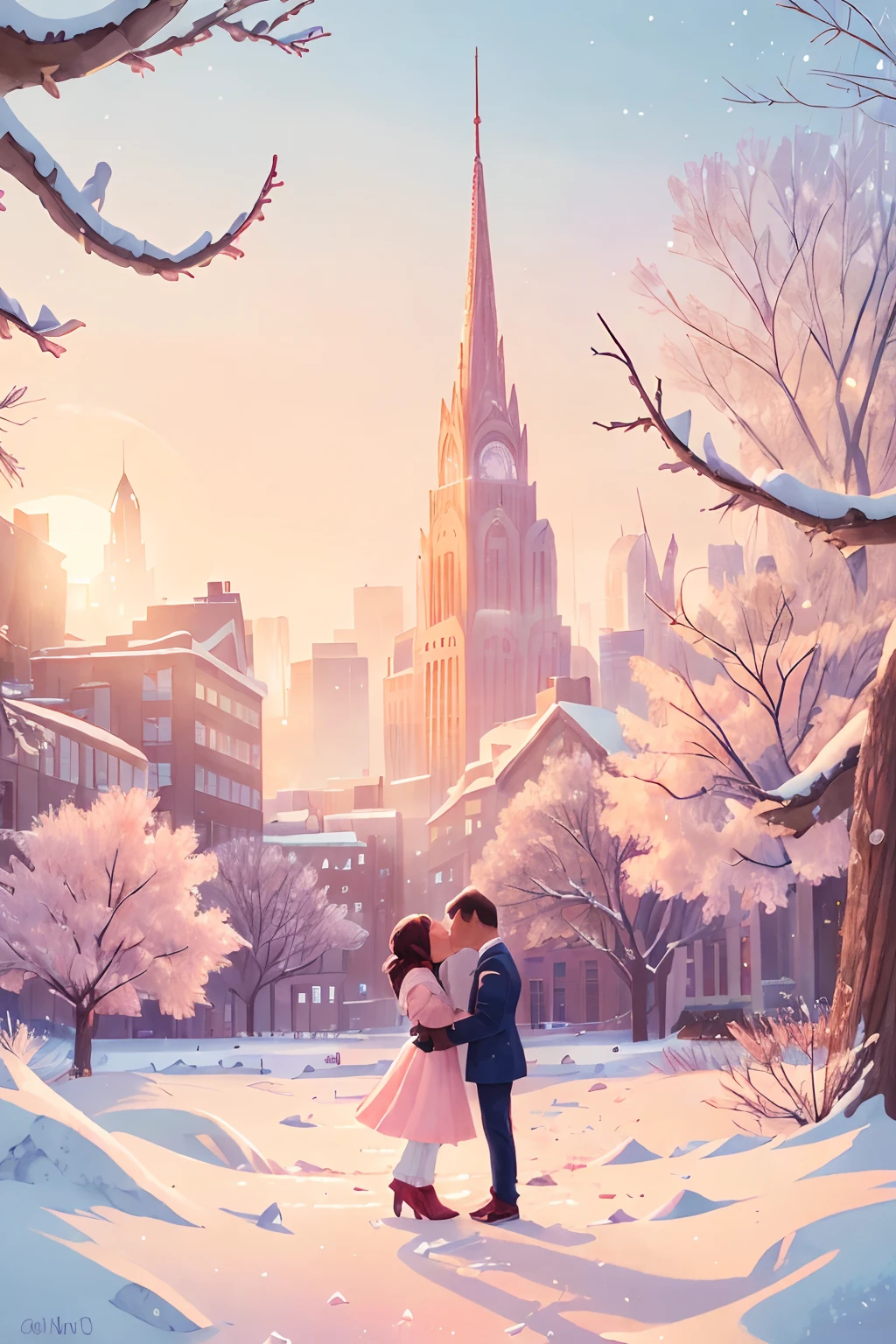 (best quality,4k,8k,highres,masterpiece:1.2),ultra-detailed,(realistic,photorealistic,photo-realistic:1.37),the last sunset before leaving,winter sky at sunset,soft colors,pink orange,blue,mist,rows of trees and buildings,peaceful atmosphere,serene winter landscape,subtle hues,receding sunlight,golden hour,quiet streets,gentle breeze,kiss of warmth,city silhouette,icy branches,elegant architecture,wistful mood,majestic skyline,little snowflakes dancing,final goodbye.