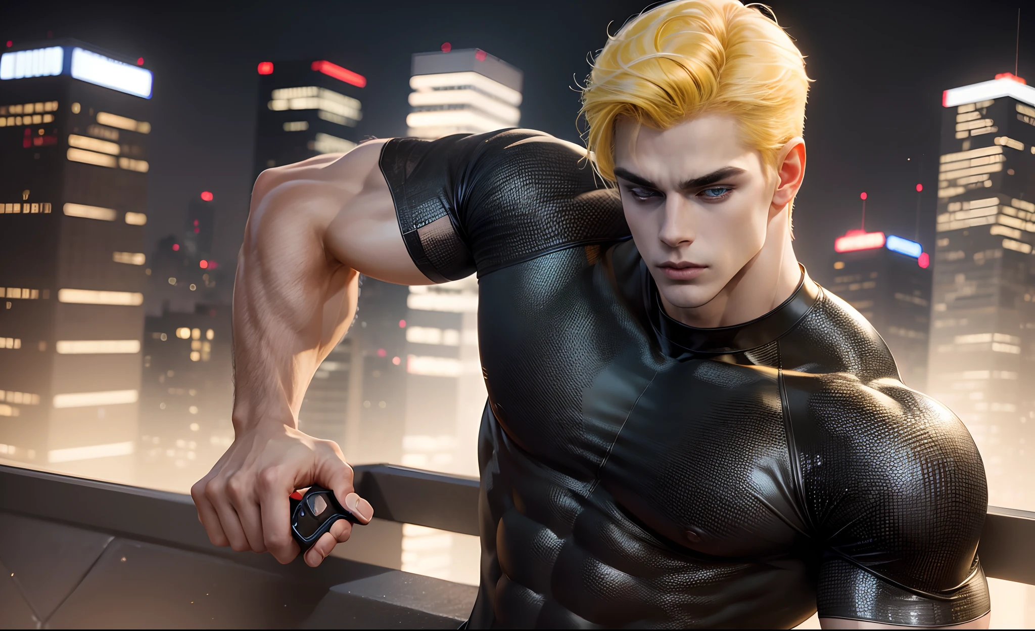 One 20 years old white handsome western muscle man, Evening city on the rooftop , wearing the full body tight black clothes, highly detailed texture, 8K UHD, shoot with Sony alpha a7, short style yellow hair, diamond face, high-quality detailed face, fit body, Precise, detailed eyes look straight ahead , pose standing