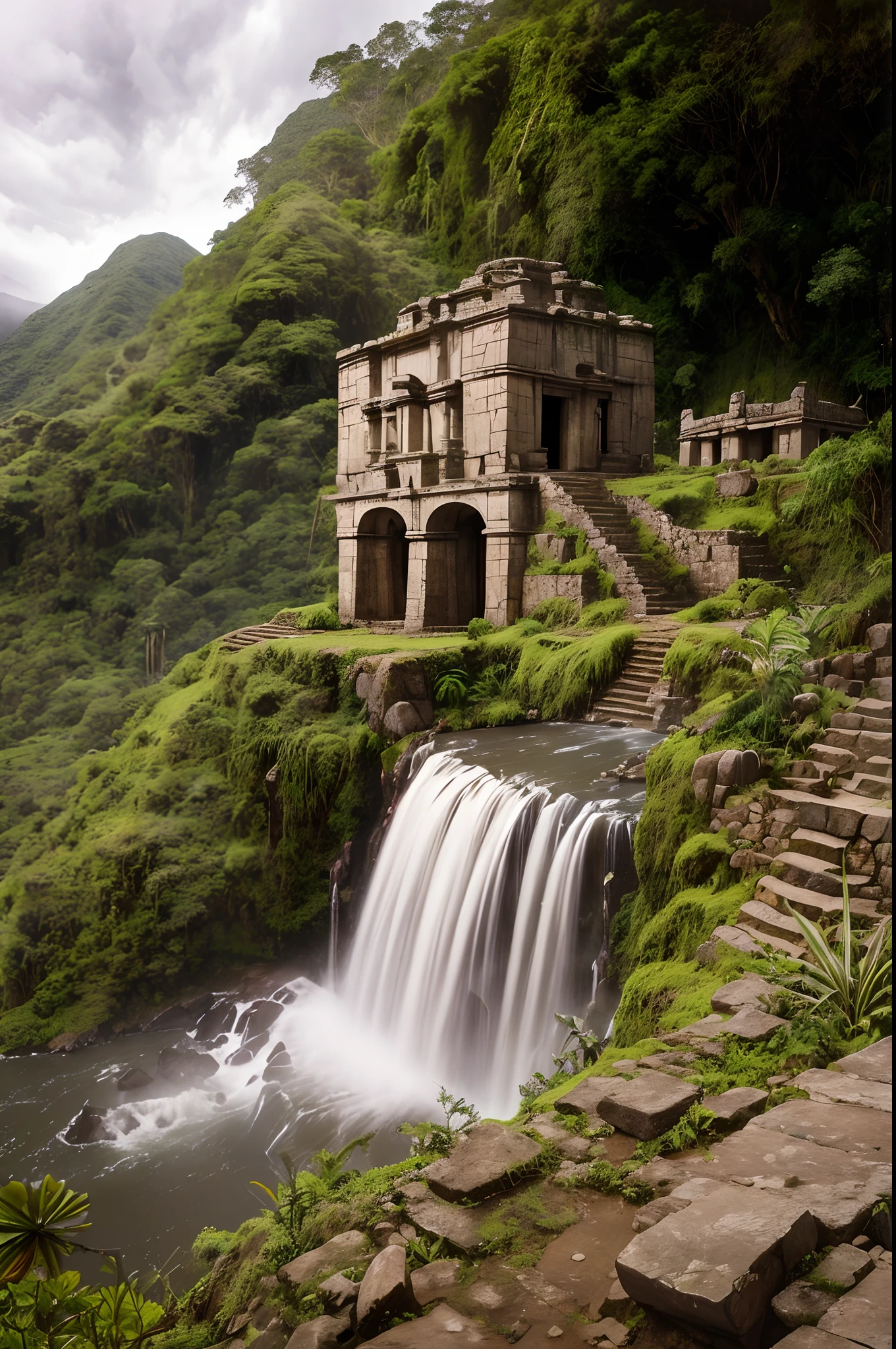 A very detailed photography of an inca temple in the jungle, many waterfalls, dramatic sky, wild plants and flowers, iperrealistic