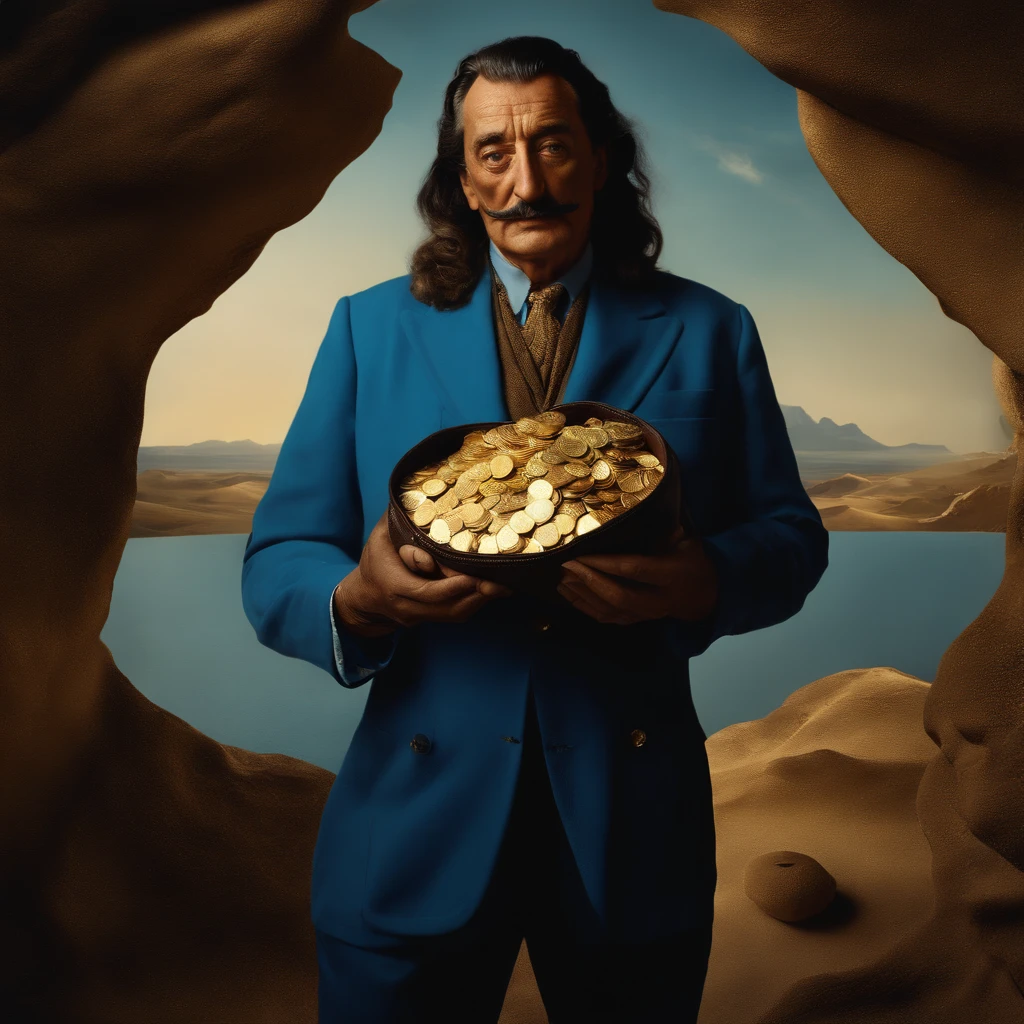 A man in blue holding a stoneage pouch of leather with gold coins, FHD, ultrarealistic, world building, ((by salvador dali, by nolan)) Cinematic, dynamic, vibrant