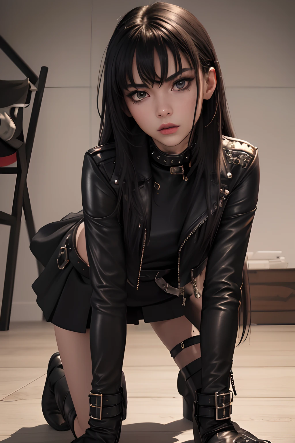 (best quality,highres,masterpiece:1.2),devote slavegirl,beautiful detailed face,flowing long hair, studdet belts,edgy leather jacket,sleek leather boots,chic leather skirt,determined gaze,creeping on all fours