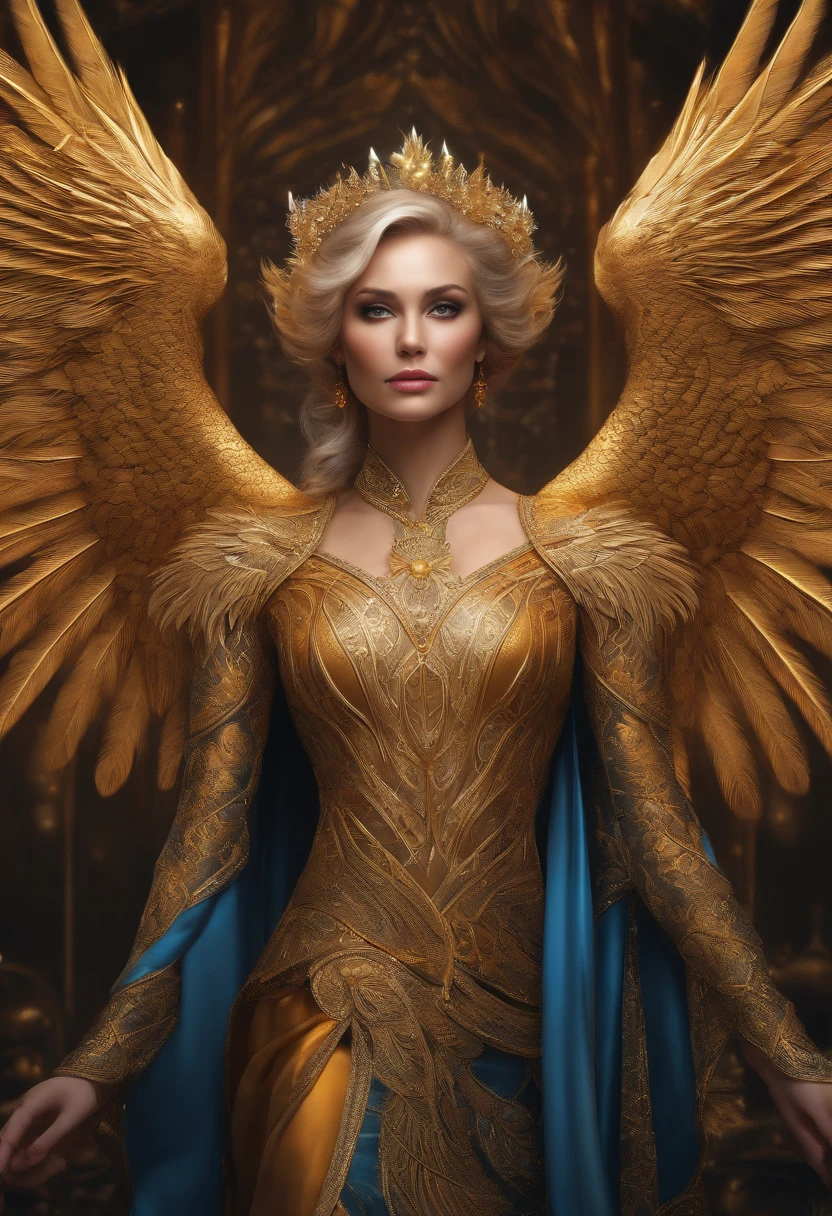 realistic, (masterpiece, top quality, best quality, official art, beautiful and aesthetic:1.2), extremely detailed,fractal art,colorful,highest detailed,zentangle,(abstract background:1.3) solo mature female , tall well build girl, (golden phoenix), blonde hair, bright eyes,hair slicked back, short hair, black robe,
