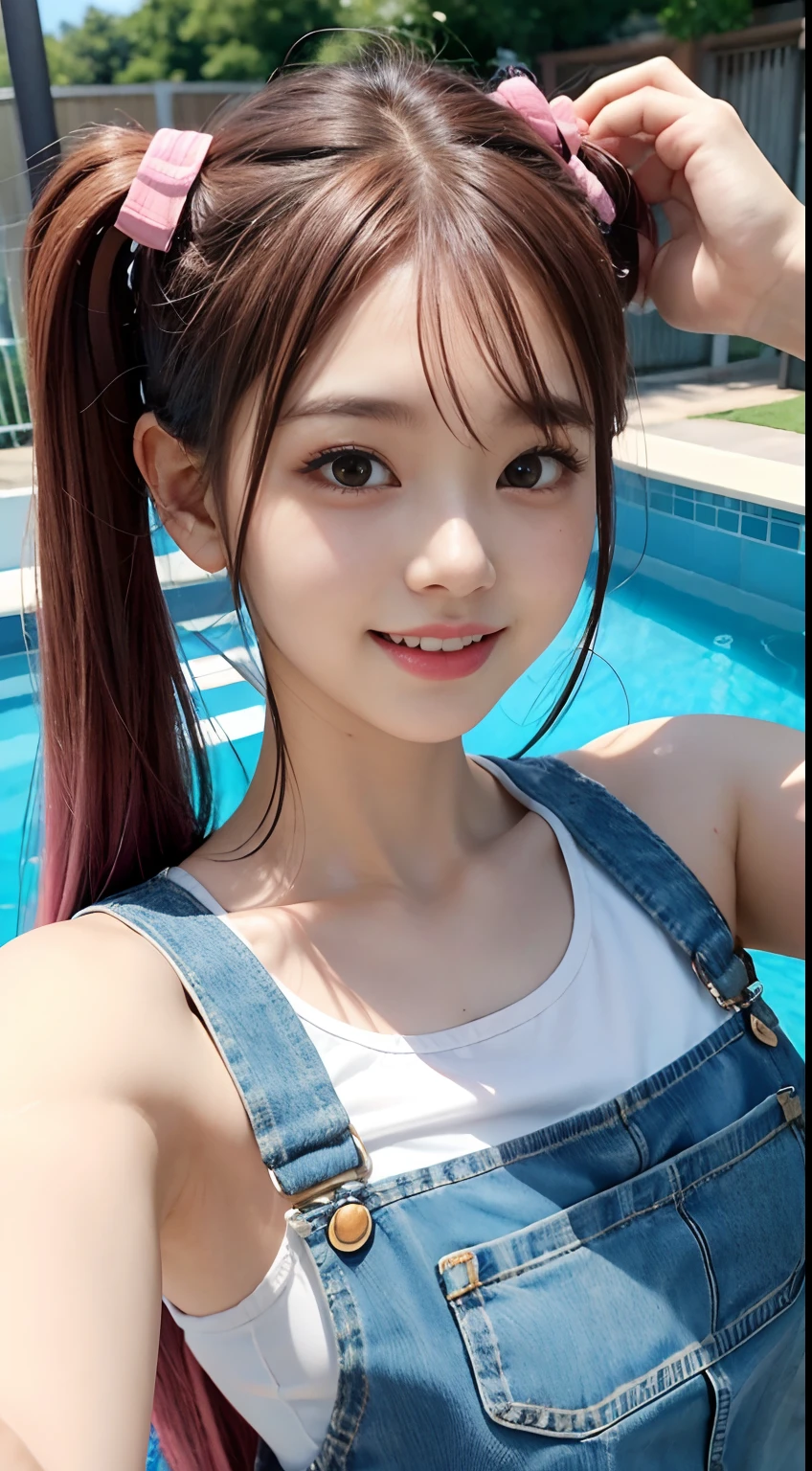 (Best Quality,4K,High resolution), 18yo woman, Pink mesh hair on brown hair, Hair has long twin tails, Innocence,small nose、eye liner、long lashes、kawaii、huge smile,White teeth、 Pink tank top、Short denim overalls,Comical appearance,noisy,comic strip,animesque,Deformed cute illustration,、in poolside、、Delicately expresses realistic skin texture、Muscle texture reproduction、selfee、Comical poses、Facial expression close-up、Faces close