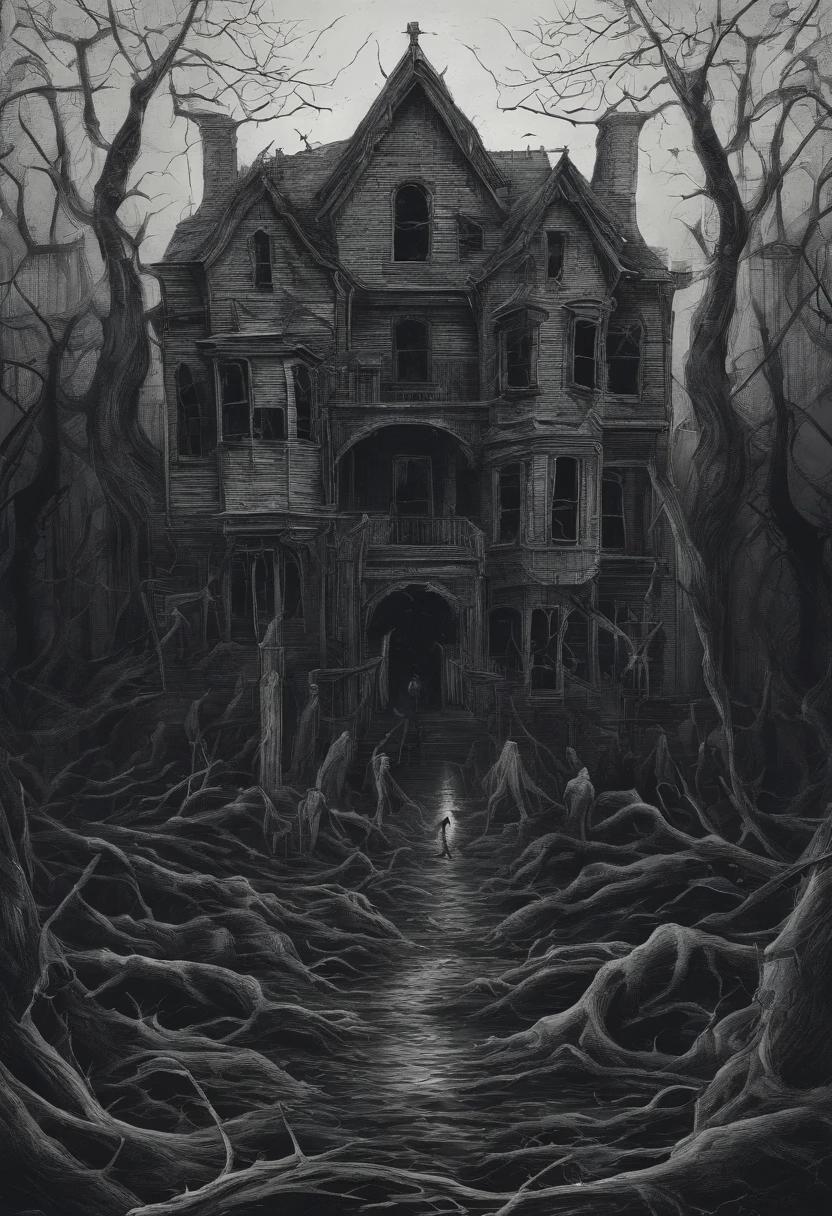 <lora:Stephen Gammell Style:1>Stephen Gammell Style - 2 scary on staircase in black and white in the style of scary story illustrator Stephen Gammell