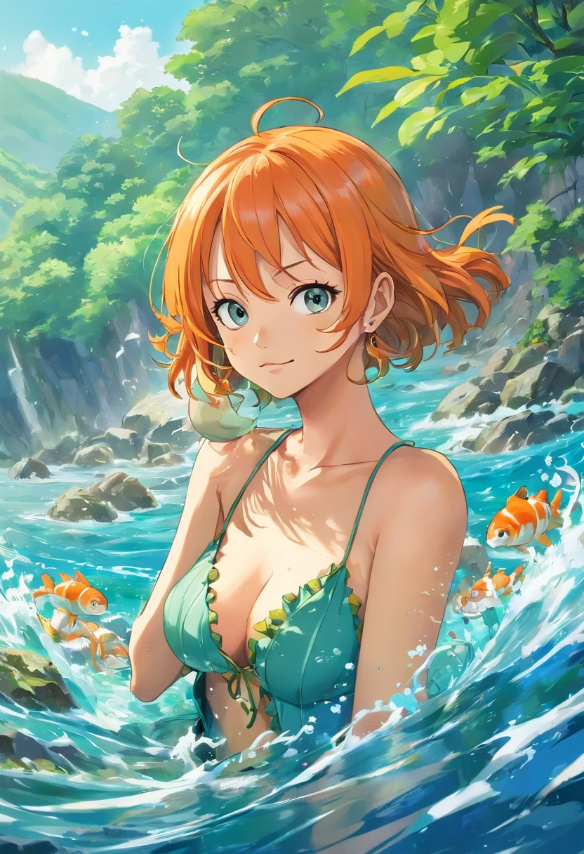 Nami (One Piece) Nami, estilo vintage , Hyperdetailed botanical liter, Desenhista de linha, digital illustation, tinta pesada, Maximalist botany, A beautiful and aesthetically pleasing illustrative masterpiece, Post-editing of Topaz AI