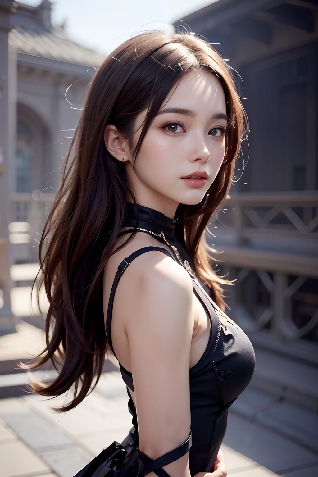 (((best quality))),1 female,slender face,(((arms behind))),(((cool beauty))),Black Hair,Brown Eyes,medium hair,straight hair,small breasts,looking at viewer,25 years old,No pubic hair,Height: 160cm,(full body),blouse,Standing in a busy street at night,mini skirt,Provocative look,bangs,Seductive expression