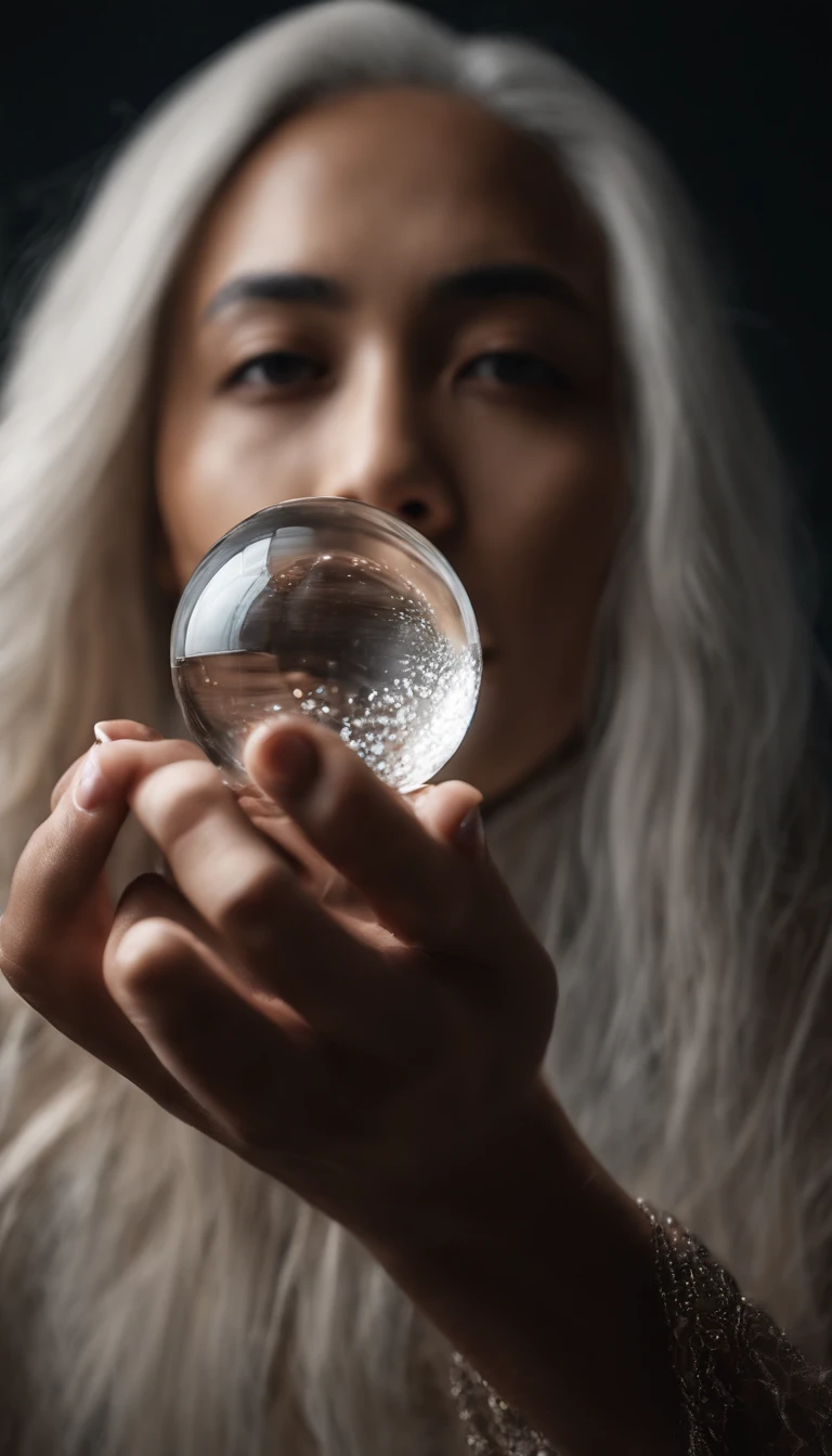 30-year-old middle-aged Asian man,long, whitish hair,Cabelos enrolados,barba longa,Close-up of holding a small glowing crystal ball in her hand,staring directly at camera,Medite de pernas cruzadas, no centro,clear facial features,cores muito brilhantes, light particles, com luz brilhante, Arte do papel de parede, Papel de parede UHD