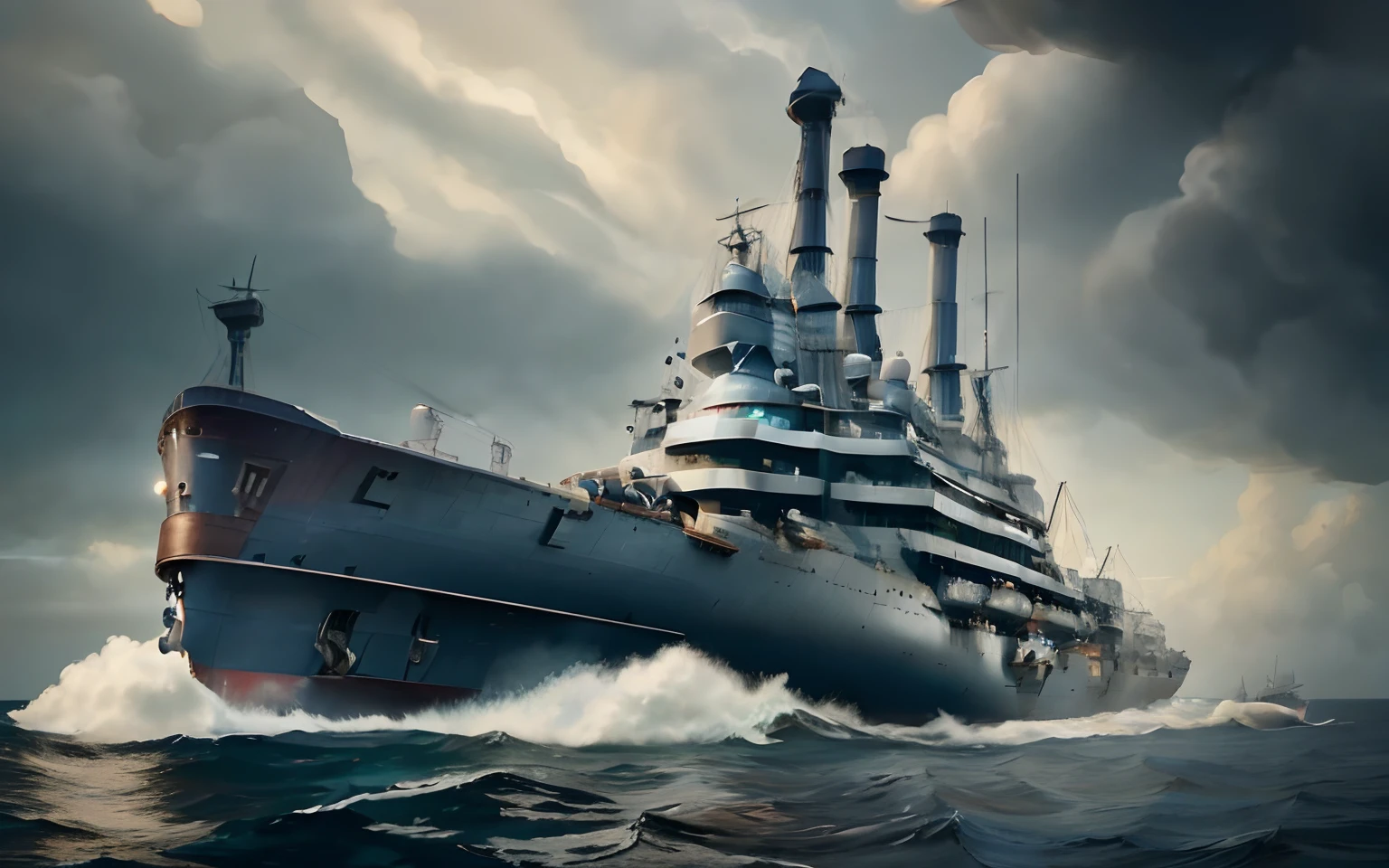 Arafed ship in the ocean with a cloudy sky in the background, Guerra, design realista de navios de guerra, battleship, navio de guerra, stylised illustration, guerra naval, maritime, No estilo de arte de Filip Hodas, inspirado em Mike Winkelmann, gothic ship in the ocean, stylized digital illustration, Militarista, Utility freighter