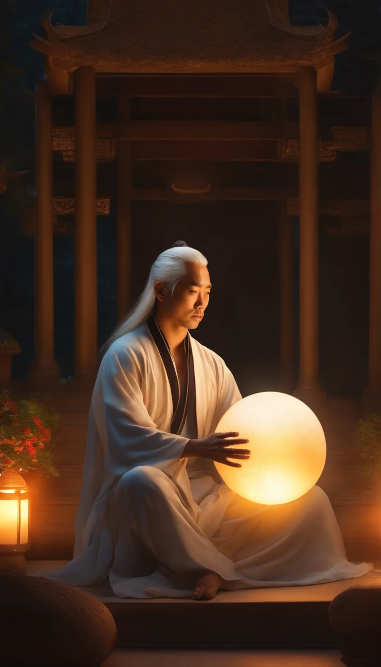 Close-up of a 30-year-old middle-aged Asian man，Holding a glowing ball in your hand,long, whitish hair，barba longa，Cross-legged sitting meditation ignites the aura of magic around you，taoist master,taoist