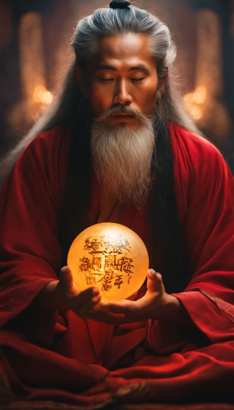 Close-up of a 30-year-old middle-aged Asian man，Holding a glowing ball in your hand,long, whitish hair，barba longa，Cross-legged sitting meditation ignites the aura of magic around you，taoist master,taoist