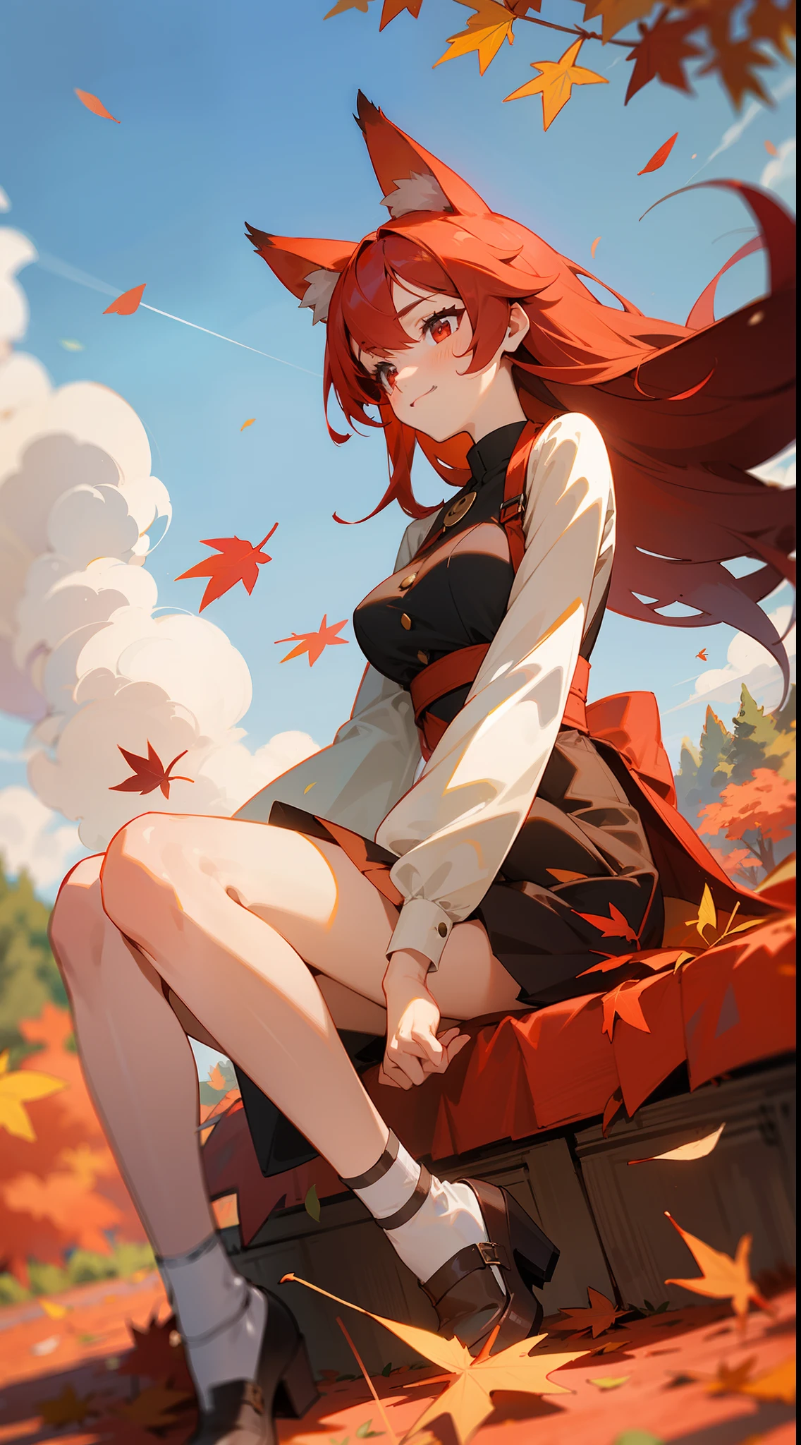 1girl ,20s,smile,closed mouth,autumn dress,medium tits,red hair,long hair,red eyes,fox ears,sitting on floor,grass,flowers,blue sky,clouds,autumn_leaves, falling_leaves, holding_leaf, leaf, leaf_background, leaf_hair_ornament,river,depth_of_field,leaves_in_wind, forest, outdoors, nature,full body