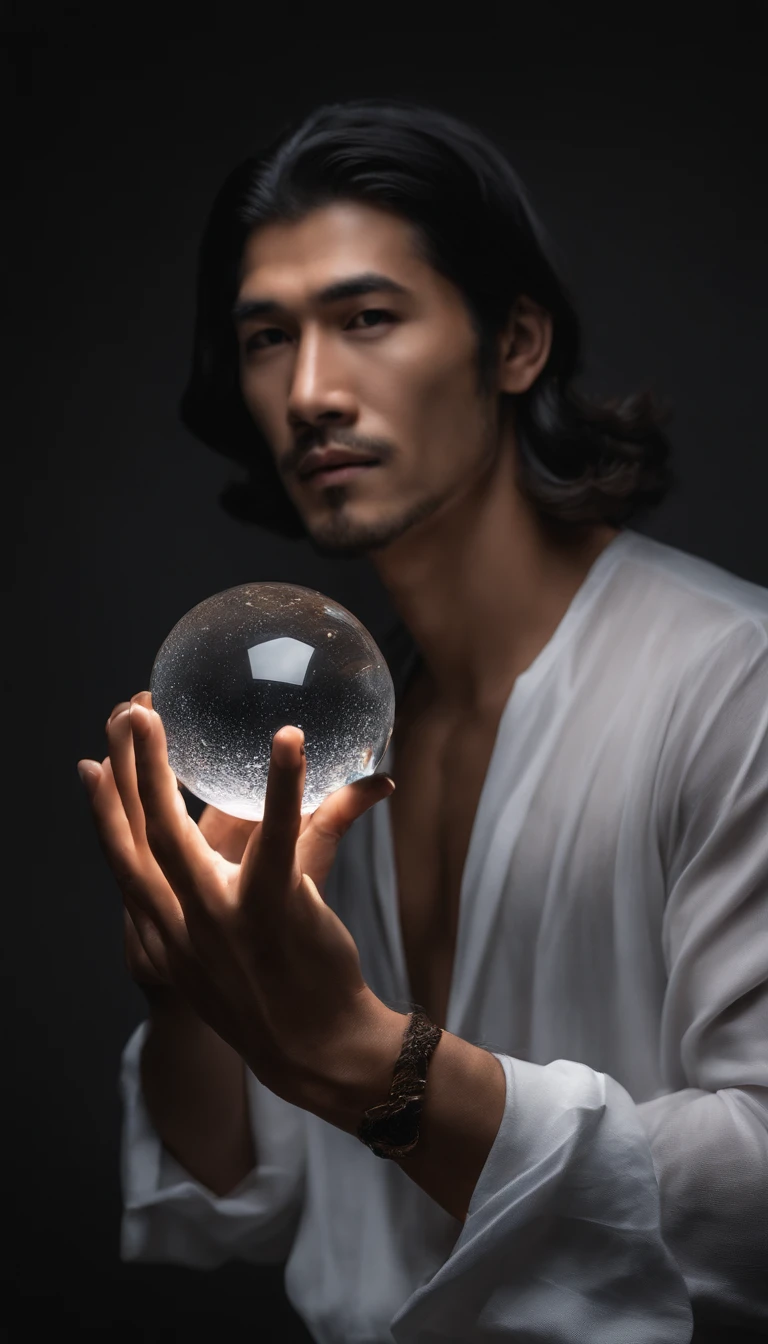 30-year-old middle-aged Asian man，long, whitish hair，Cabelos enrolados，barba longa，Close-up of holding a crystal ball in your hand，staring directly at camera，Medite de pernas cruzadas, no centro，clear facial features，cores muito brilhantes, light particles, com luz brilhante, Mshiv, Arte do papel de parede, Papel de parede UHD