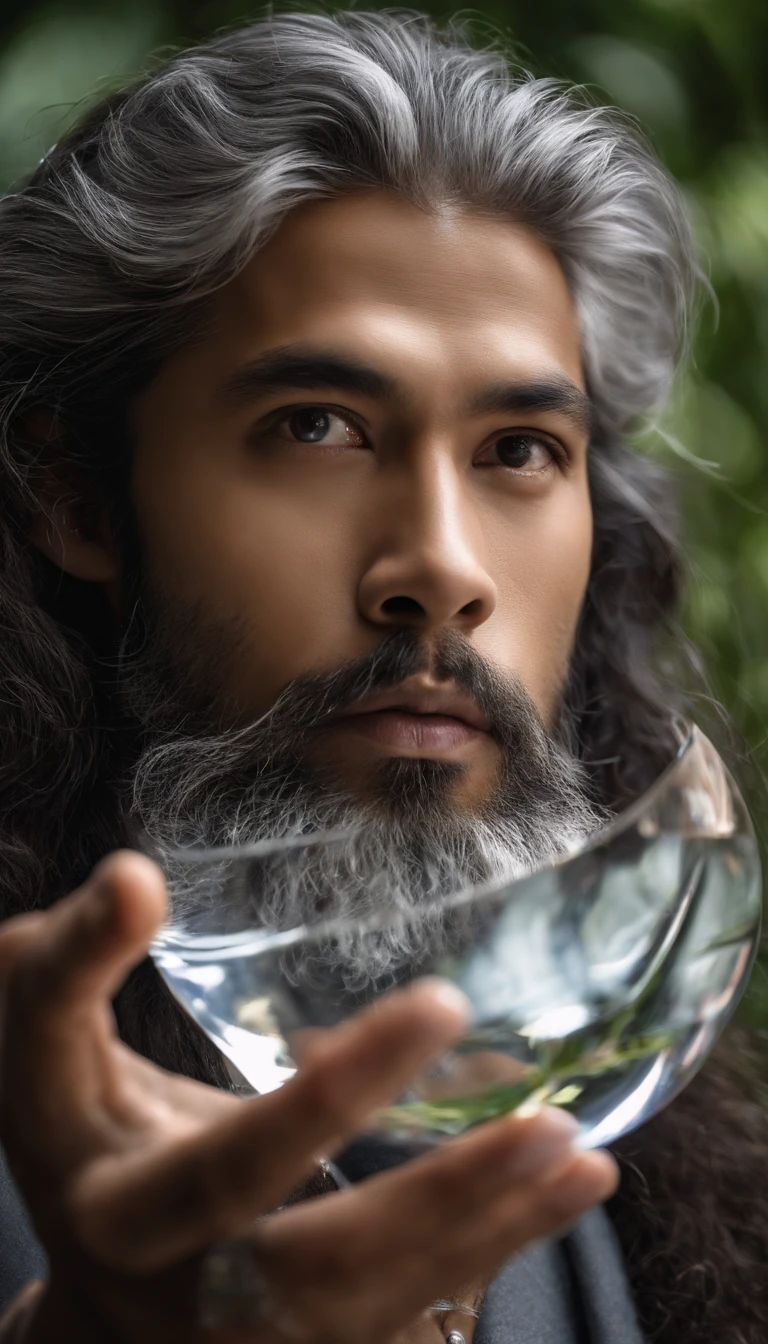 30-year-old middle-aged Asian man,long, whitish hair,Cabelos enrolados,barba longa,Close-up of holding a crystal ball in your hand,staring directly at camera,Medite de pernas cruzadas, no centro,clear facial features,cores muito brilhantes, light particles, com luz brilhante, Mshiv, Arte do papel de parede, Papel de parede UHD
