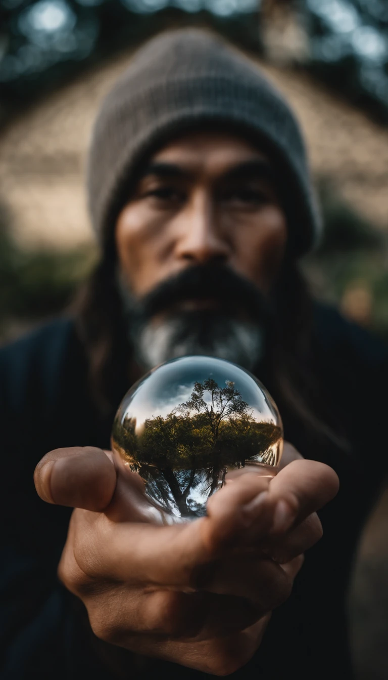 30-year-old middle-aged Asian man，long, whitish hair，Cabelos enrolados，barba longa，Close-up of holding a crystal ball in your hand，staring directly at camera，Medite de pernas cruzadas, no centro，clear facial features，cores muito brilhantes, light particles, com luz brilhante, Mshiv, Arte do papel de parede, Papel de parede UHD