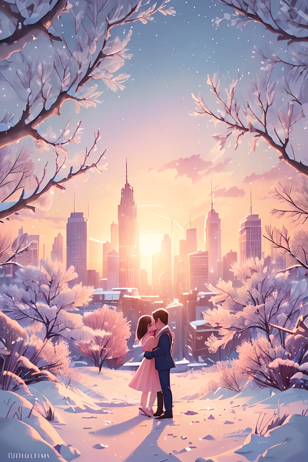 (best quality,4k,8k,highres,masterpiece:1.2),ultra-detailed,(realistic,photorealistic,photo-realistic:1.37),the last sunset before leaving,winter sky at sunset,soft colors,pink orange,blue,mist,rows of trees and buildings,peaceful atmosphere,serene winter landscape,subtle hues,receding sunlight,golden hour,quiet streets,gentle breeze,kiss of warmth,city silhouette,icy branches,elegant architecture,wistful mood,majestic skyline,little snowflakes dancing,final goodbye.