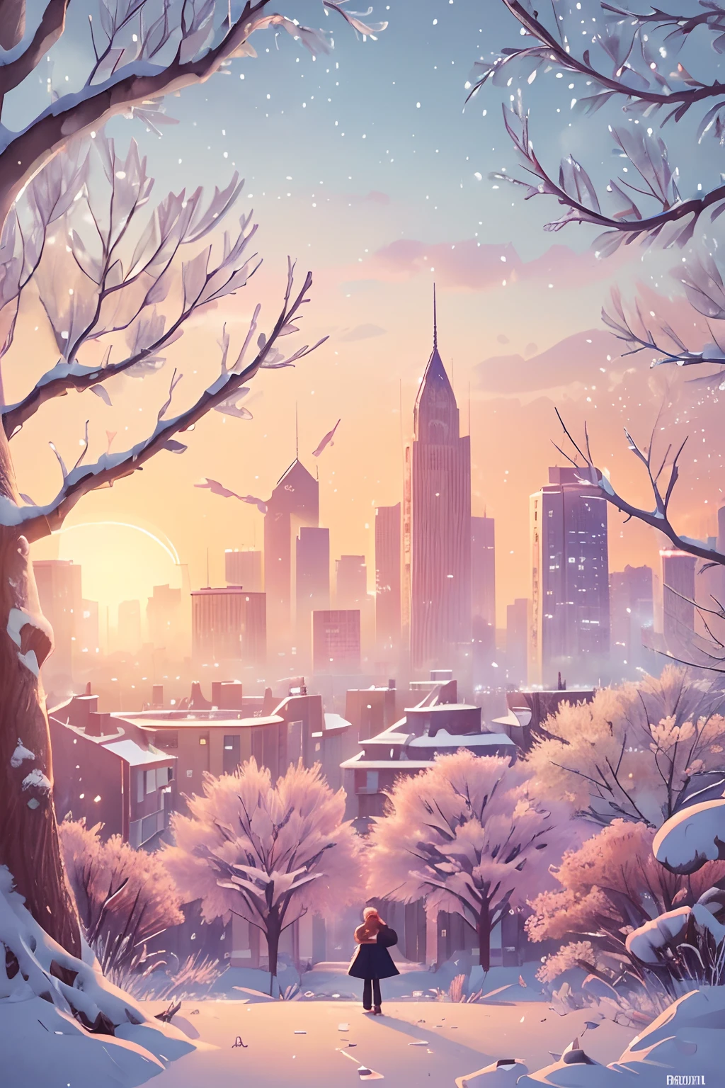 (best quality,4k,8k,highres,masterpiece:1.2),ultra-detailed,(realistic,photorealistic,photo-realistic:1.37),the last sunset before leaving,winter sky at sunset,soft colors,pink orange,blue,mist,rows of trees and buildings,peaceful atmosphere,serene winter landscape,subtle hues,receding sunlight,golden hour,quiet streets,gentle breeze,kiss of warmth,city silhouette,icy branches,elegant architecture,wistful mood,majestic skyline,little snowflakes dancing,final goodbye.