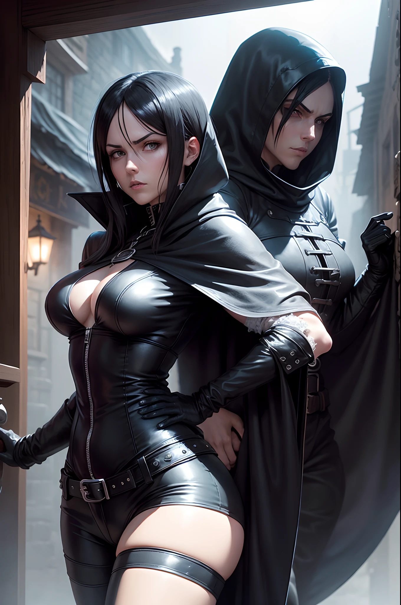 Character "Renfrau" 30 year old male, dressed in black leather pants and cloak and white shirt, Renfrau is in a conflict with an angry drunk sailor marine, avoiding being punched, medieval fantasy port city setting, dark and foggy night, outside a bawdy house bar, humorous atmosphere, cheering townsfolk watching.