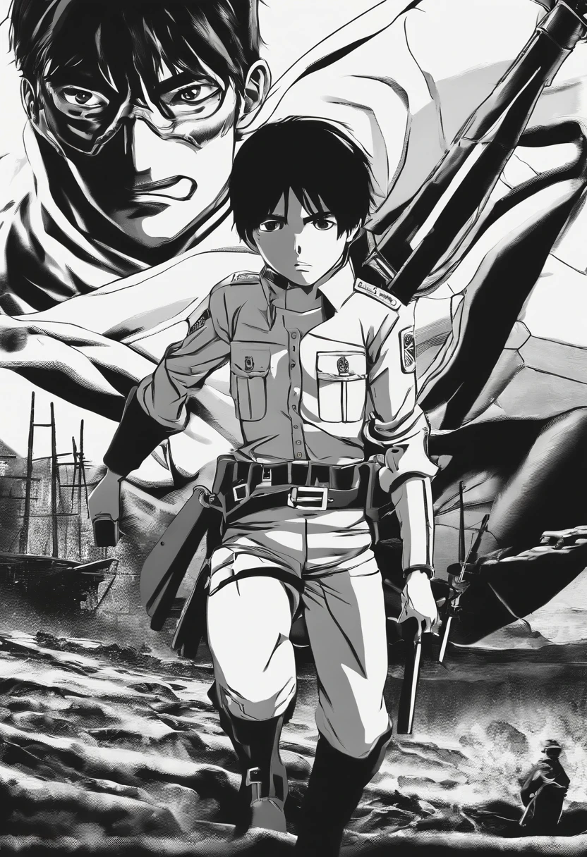Generate an atmospheric and emotional black-and-white movie poster in the style of Hajime Isayama's Attack on Titan. Auf dem Plakat sollte prominent Eren Jaeger zu sehen sein, wearing a Paradis Island uniform and ODM equipment, Erschrocken zu einem kolossalen Titanen aufblicken.