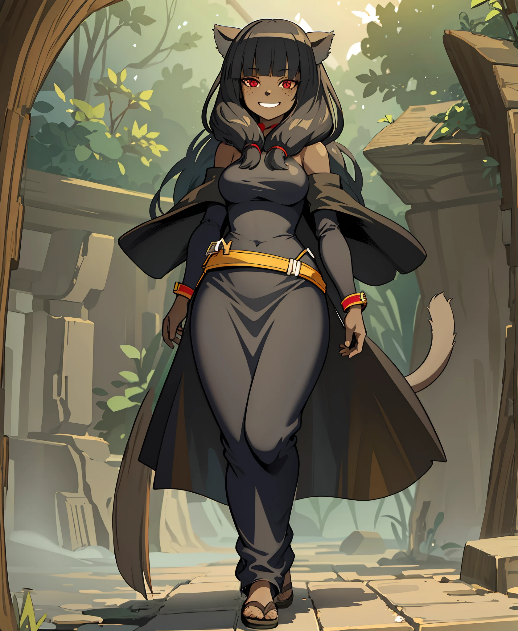 girl, dark skin, smile, cat ears, bangs, long hair, freckles, full body, ,, red eyes, hood , cloak, yellow cloths, full body, flipflops, long skirt, pants