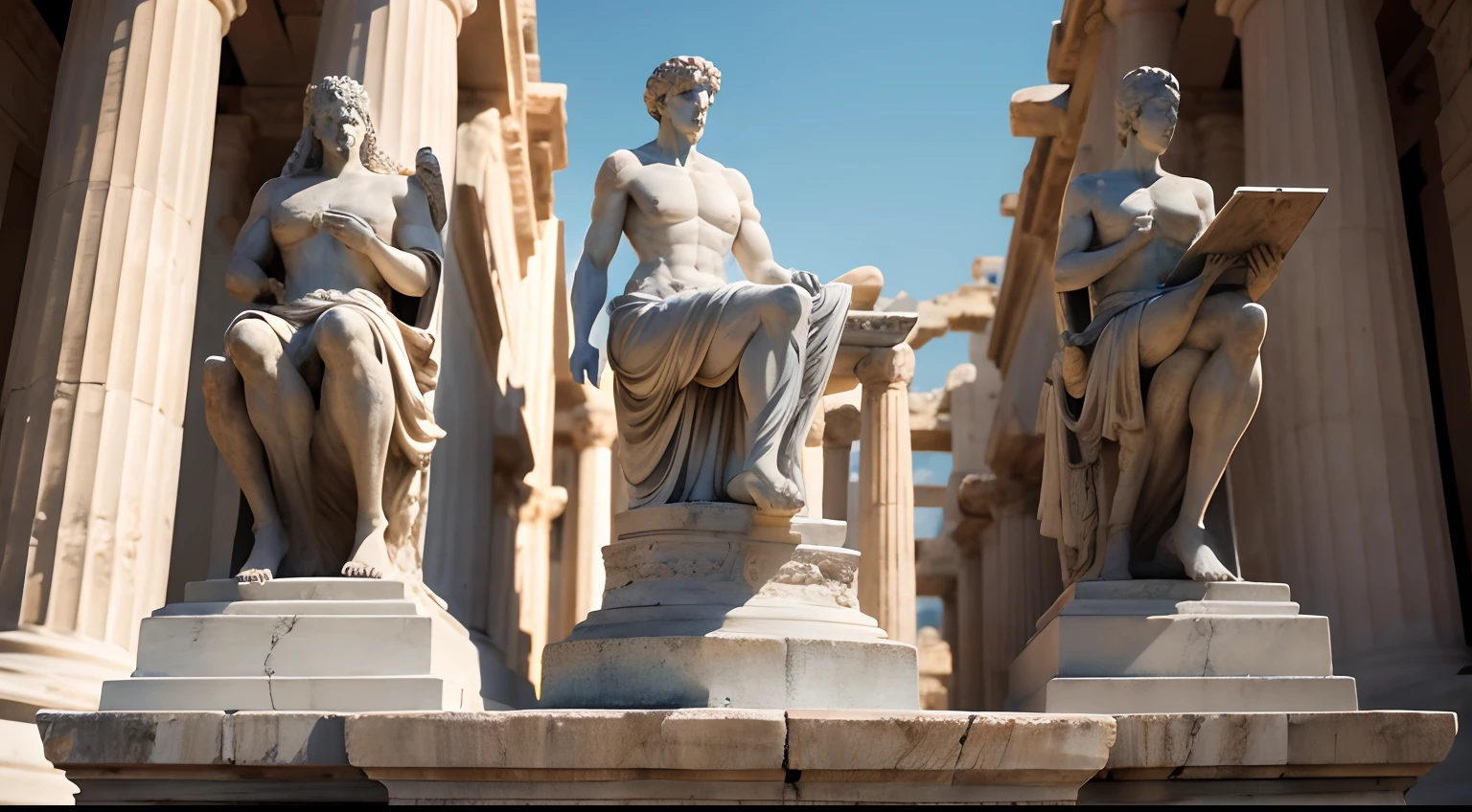 Ancient Greek statue with angry expression, Outside, com rosto extremamente detalhado full body view, Colors with low saturation with dark tone, Filmado em Sony A7S III com Sony FE 35mm f/1.8, 12.1 MP, --AR 3:2 --estilo cru