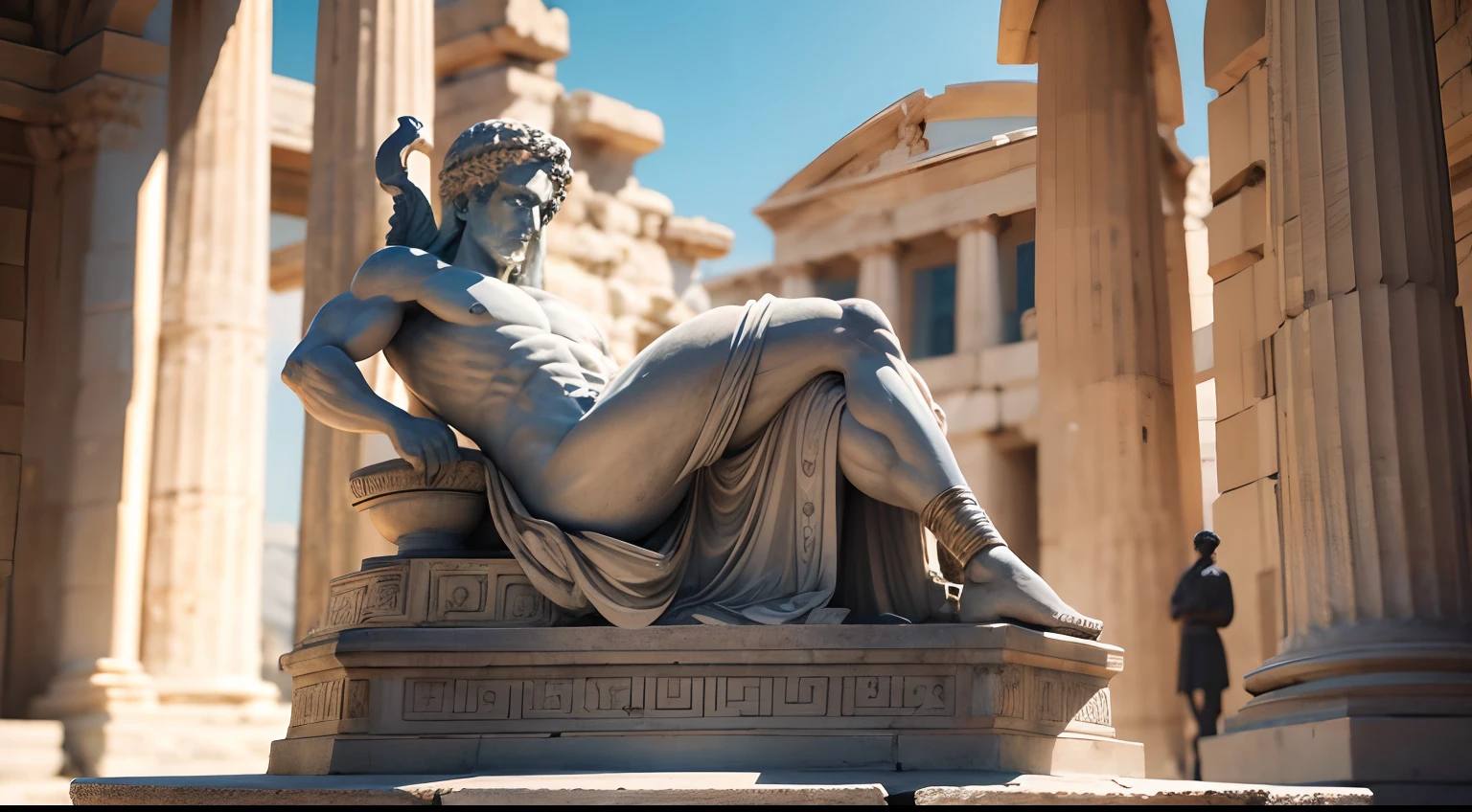 Ancient Greek statue with angry expression, Outside, com rosto extremamente detalhado full body view, Colors with low saturation with dark tone, Filmado em Sony A7S III com Sony FE 35mm f/1.8, 12.1 MP, --AR 3:2 --estilo cru