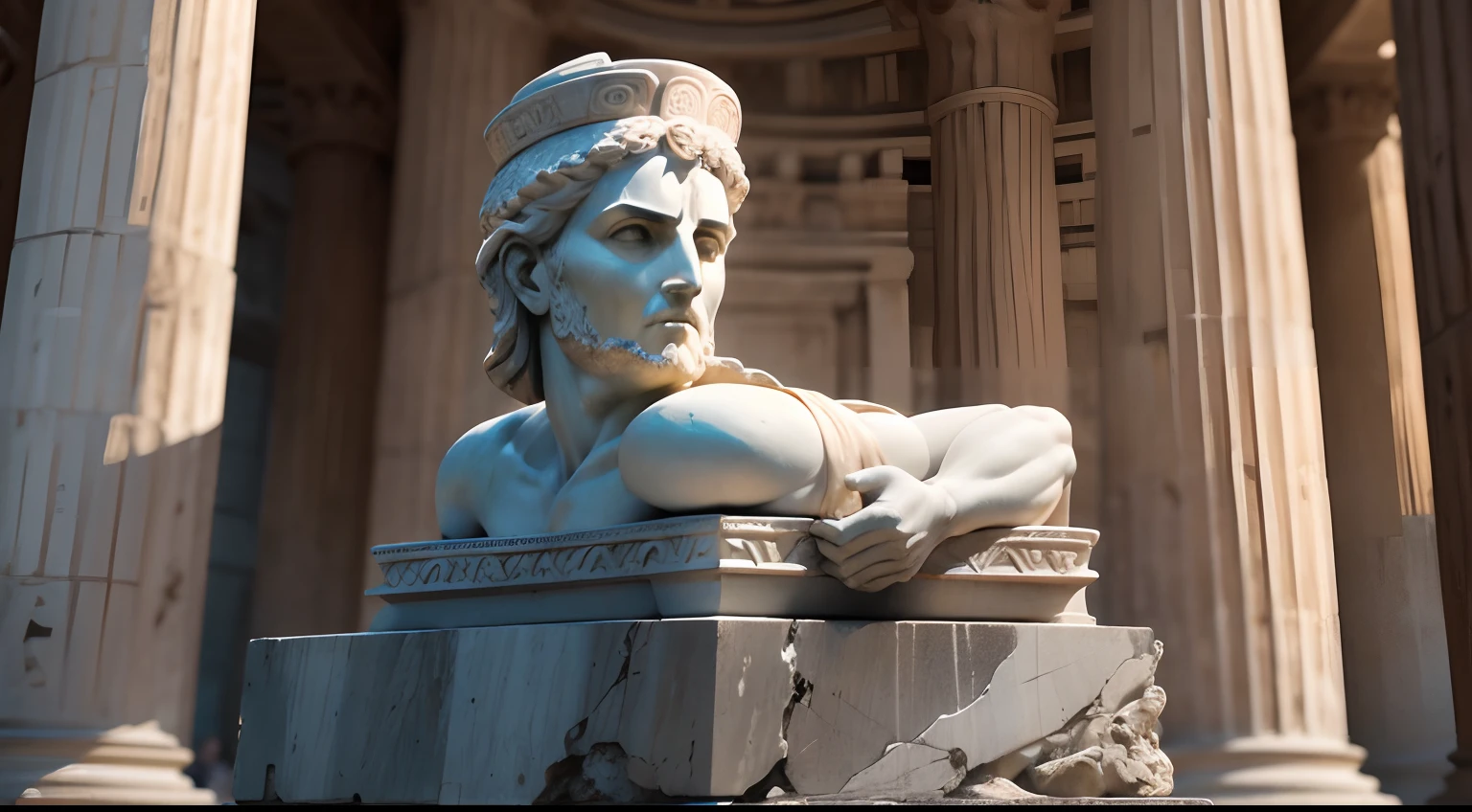 marble sculpture of the face of a Greek god ((bearded and bald)) in a destroyed place, cinematography, epic light and shadow, lots of contrast, professional photography