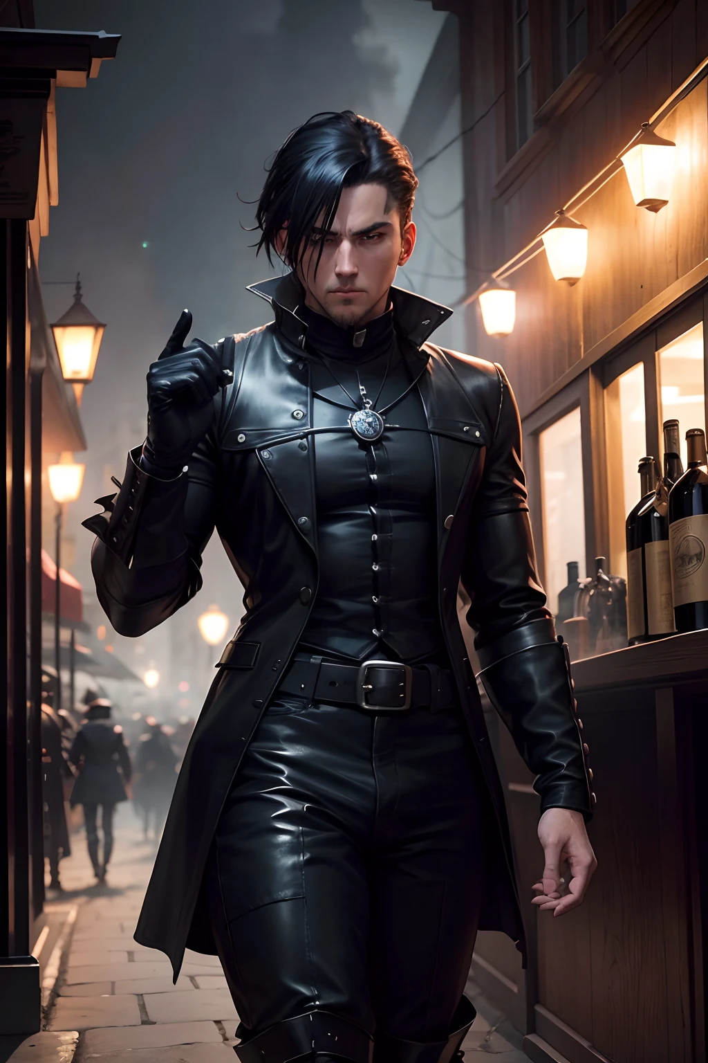 Character "Renfrau" 30 year old male, dressed in white shirt and black leather coat, avoiding being punched by an angry drunk sailor marine, medieval fantasy port city setting, dark and foggy night, outside a bawdy house bar, humorous atmosphere, cheering townsfolk watching.