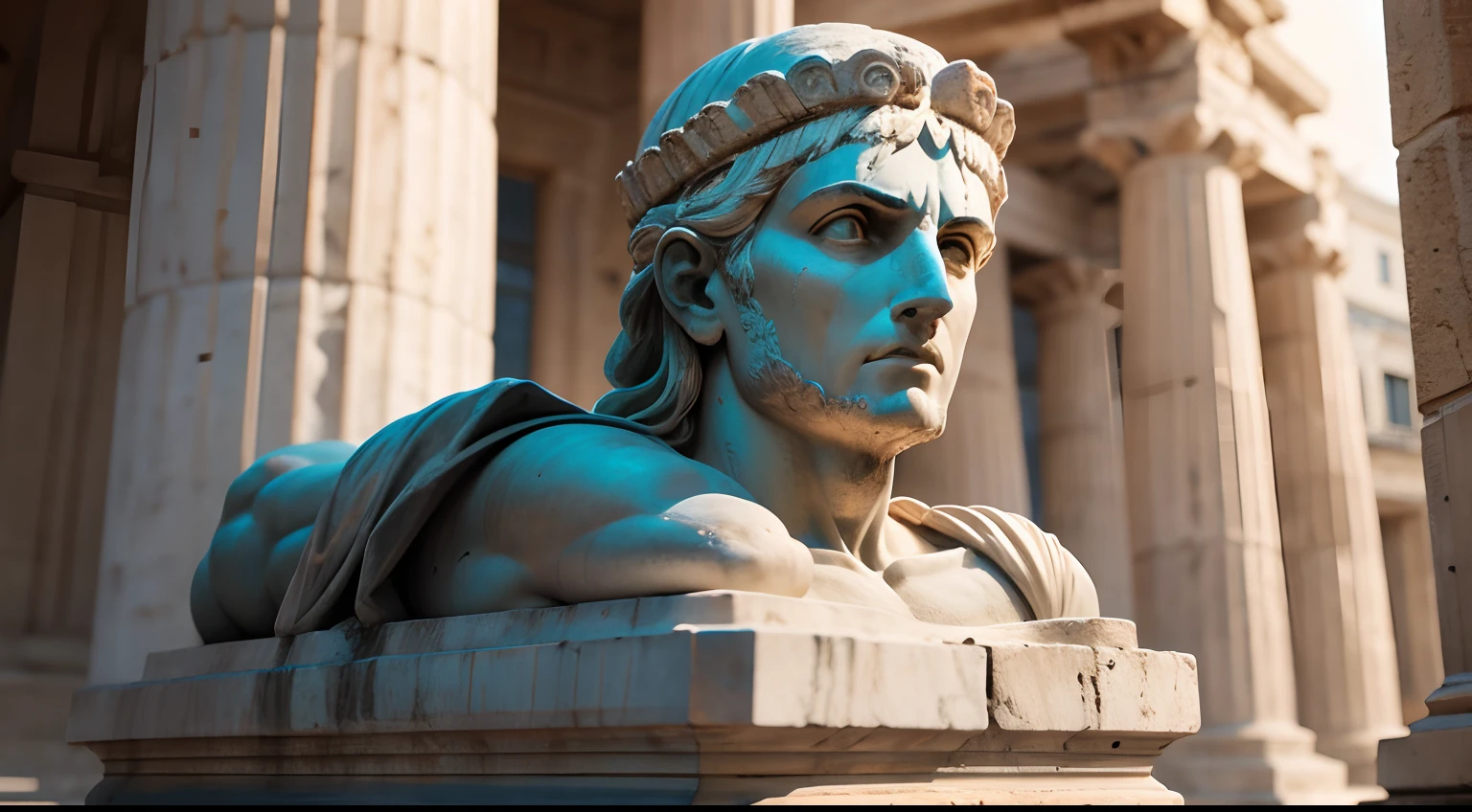 Ancient Greek statue with angry expression, Outside, com rosto extremamente detalhado full body view, Colors with low saturation with dark tone, Filmado em Sony A7S III com Sony FE 35mm f/1.8, 12.1 MP, --AR 3:2 --estilo cru